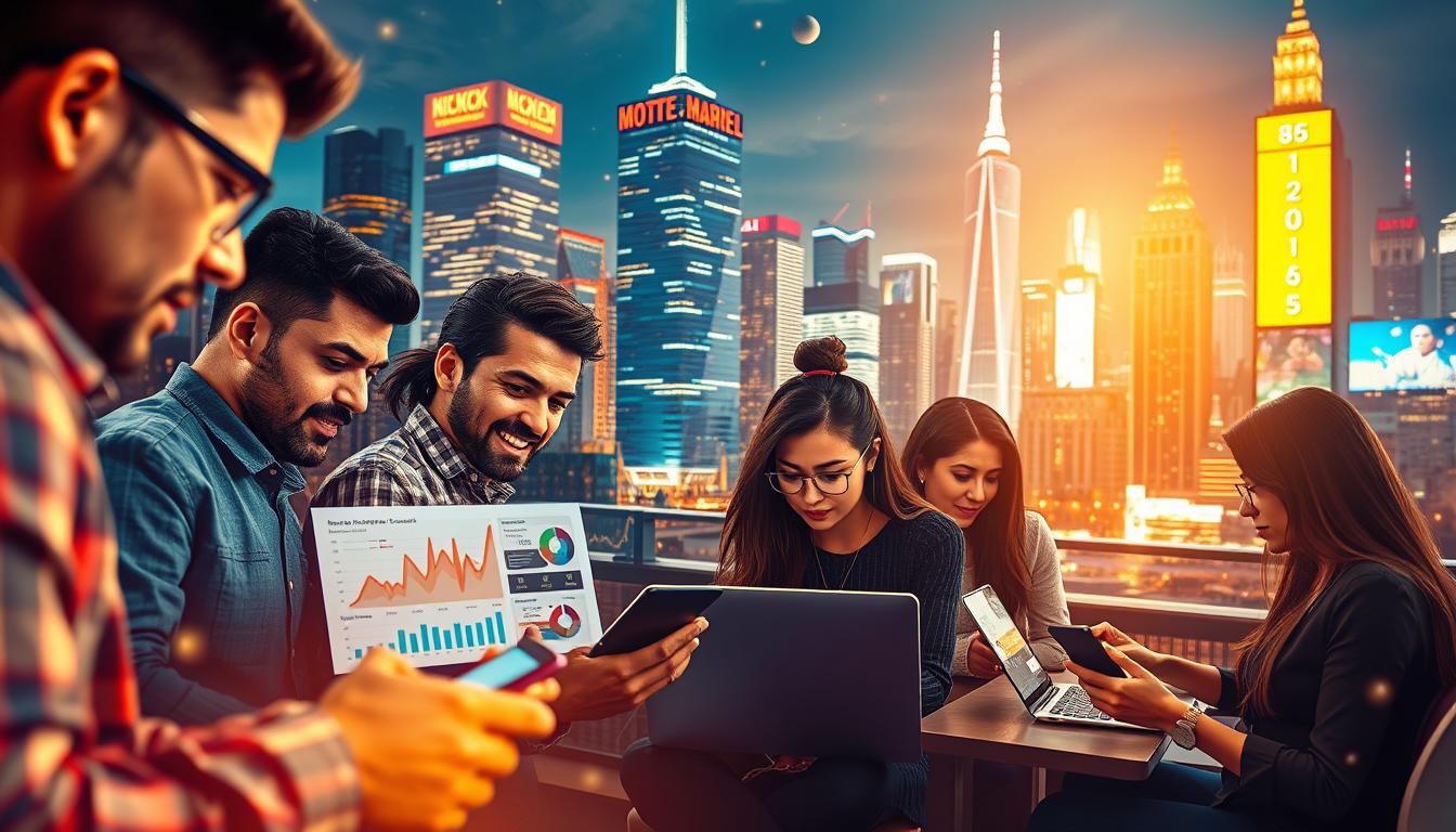 A dynamic social media marketing scene with an engaging, immersive atmosphere. In the foreground, a group of diverse professionals collaborating on a digital campaign, their expressions focused and driven. The middle ground showcases an array of mobile devices, laptops, and analytical dashboards, highlighting the data-driven nature of modern marketing. In the background, a vibrant cityscape with skyscrapers and neon signage, symbolizing the fast-paced, interconnected world of digital communication. Warm lighting casts a golden glow, creating a sense of energy and productivity. The overall composition conveys the importance of strategic social media engagement in driving business growth and brand awareness.