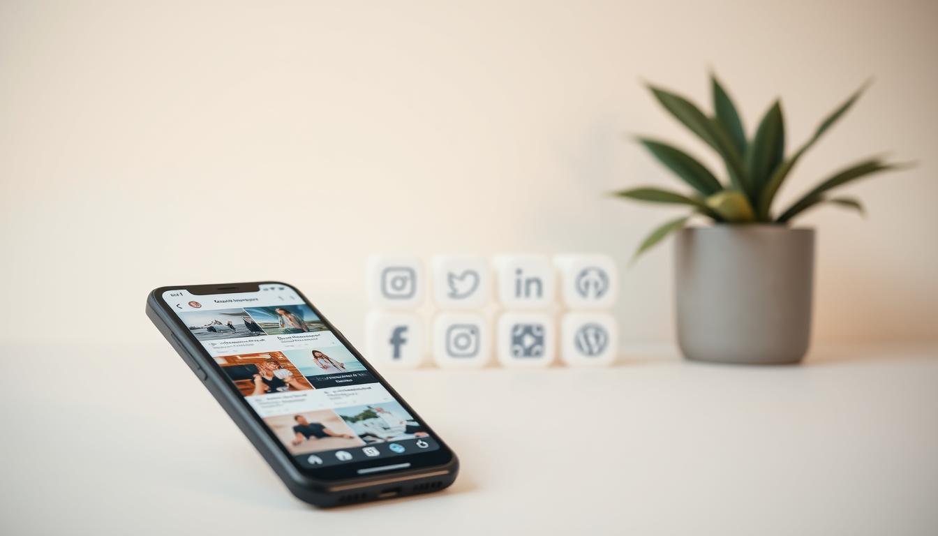 A neatly organized social media feed, with visually appealing posts showcasing a cohesive brand identity. In the foreground, a smartphone displays a grid of polished, high-quality images and short, captivating captions. The middle ground features various social media platform icons, subtly indicating the integration of a comprehensive digital marketing strategy. In the background, a minimalist, pastel-toned backdrop creates a clean, professional atmosphere, emphasizing the intentional curation of the brand's online presence. Soft, diffused lighting casts a warm, inviting glow, reflecting the brand's approachable and engaging personality. The overall composition conveys a sense of strategic, well-executed social media marketing, guiding the viewer through the brand's digital funnel.