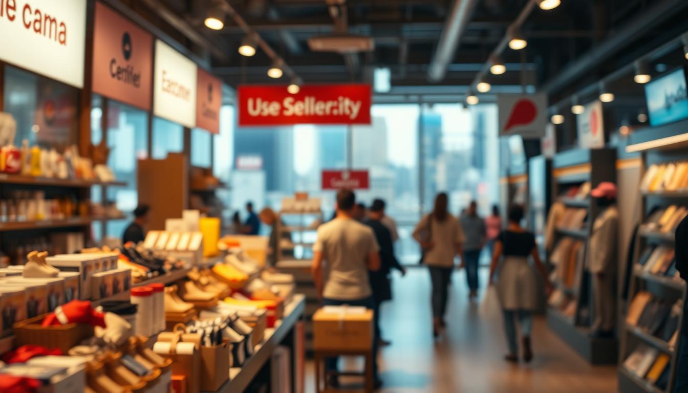 An online marketplace bustling with digital commerce, showcasing a vibrant social media interface. In the foreground, a well-curated product display with various consumer goods, highlighted by warm, natural lighting and a shallow depth of field. The middle ground features a dynamic social feed, filled with user-generated content, product reviews, and influencer endorsements. In the background, a blurred cityscape conveys the global reach of this social selling ecosystem. The overall atmosphere is one of modern, interconnected commerce, where digital communities drive brand awareness and sales.