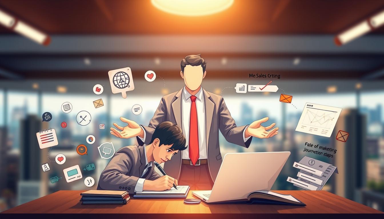 A detailed illustration showcasing the relationship between PO (Product Owner) writing and marketing definitions. In the foreground, a focused PO writing on a laptop, surrounded by visual metaphors for marketing concepts like social media icons, sales funnels, and customer journey maps. The middle ground features a larger-than-life PO figure, hands outstretched, bridging the gap between the writing and marketing domains. The background is a blurred cityscape, representing the broader business landscape where these disciplines converge. The scene is lit with a warm, professional tone, using a wide-angle lens to capture the dynamic interplay of these key business functions.
