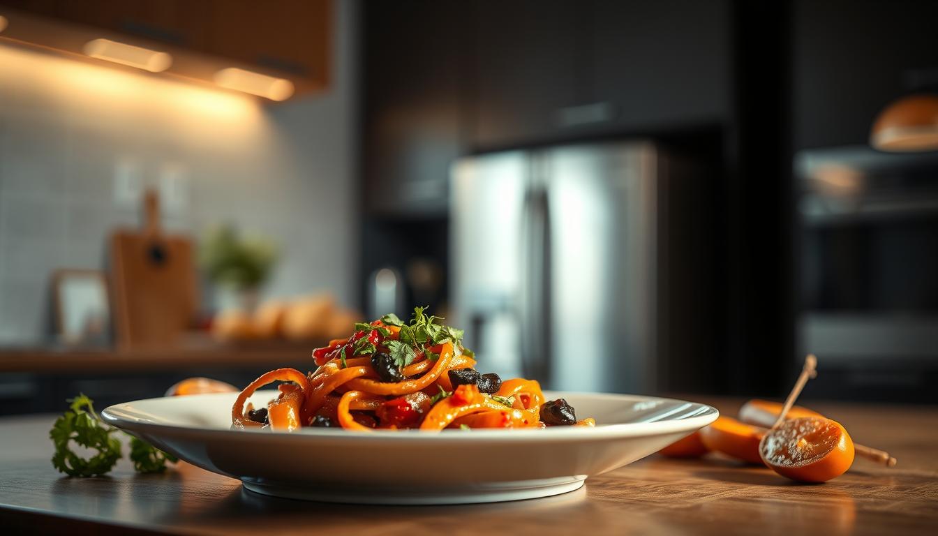 A culinary masterpiece unfolds before the viewer. In the foreground, a meticulously crafted AI-generated dish takes center stage, its intricate details and vibrant colors captivating the senses. The composition is balanced, with the main subject framed by a carefully curated mise-en-scène. The lighting is soft and diffused, casting a warm, inviting glow over the scene. The background is slightly blurred, hinting at a modern, minimalist kitchen environment, allowing the dish to shine. The overall mood is one of refined elegance and culinary artistry, reflecting the advanced parameter settings required to achieve this level of visual perfection.