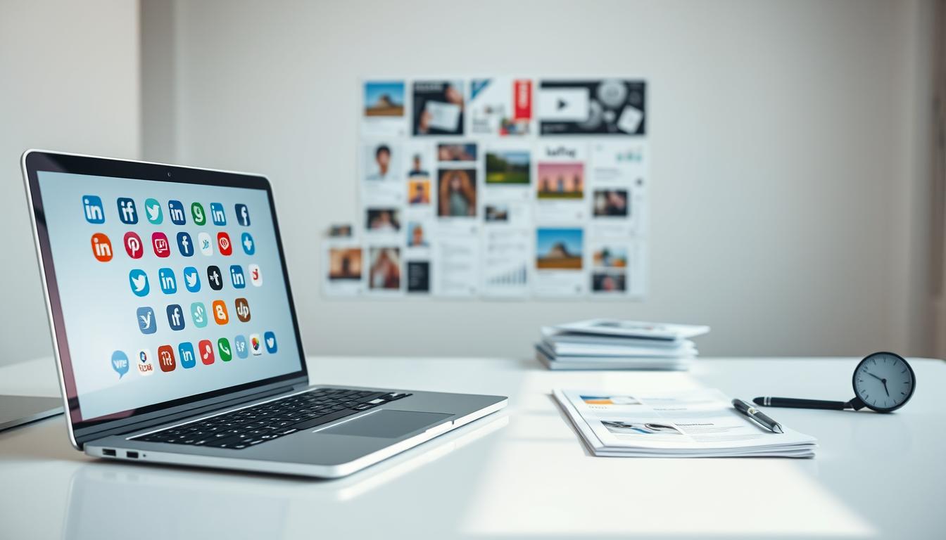 A sleek and modern social media strategy plan, laid out on a minimalist white desk. In the foreground, a laptop screen displays an array of platform icons, each representing a potential social network. Behind it, a carefully curated mood board showcases vibrant, engaging content ideas. The middle ground features a neatly organized set of planning documents, color-coded to illustrate the strategic decision-making process. Soft, directional lighting casts a warm, professional glow, while the background blurs into a clean, uncluttered office space, emphasizing the focus on the social media strategy at hand.