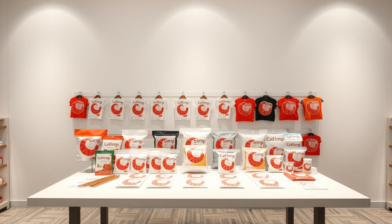 A product display table in a minimalist retail setting, showcasing a variety of shrimp-themed merchandise. The table is positioned in the foreground, with a clean, well-lit backdrop of a simple white wall. The products are arranged in an aesthetically pleasing, grid-like pattern, highlighting their individual designs and features. The lighting is soft and diffused, creating a warm, inviting atmosphere. The camera angle is slightly elevated, giving the viewer a birds-eye perspective of the display. The overall mood is one of simplicity, professionalism, and attention to detail, reflecting the strategies and mindset of a novice Shopee seller.