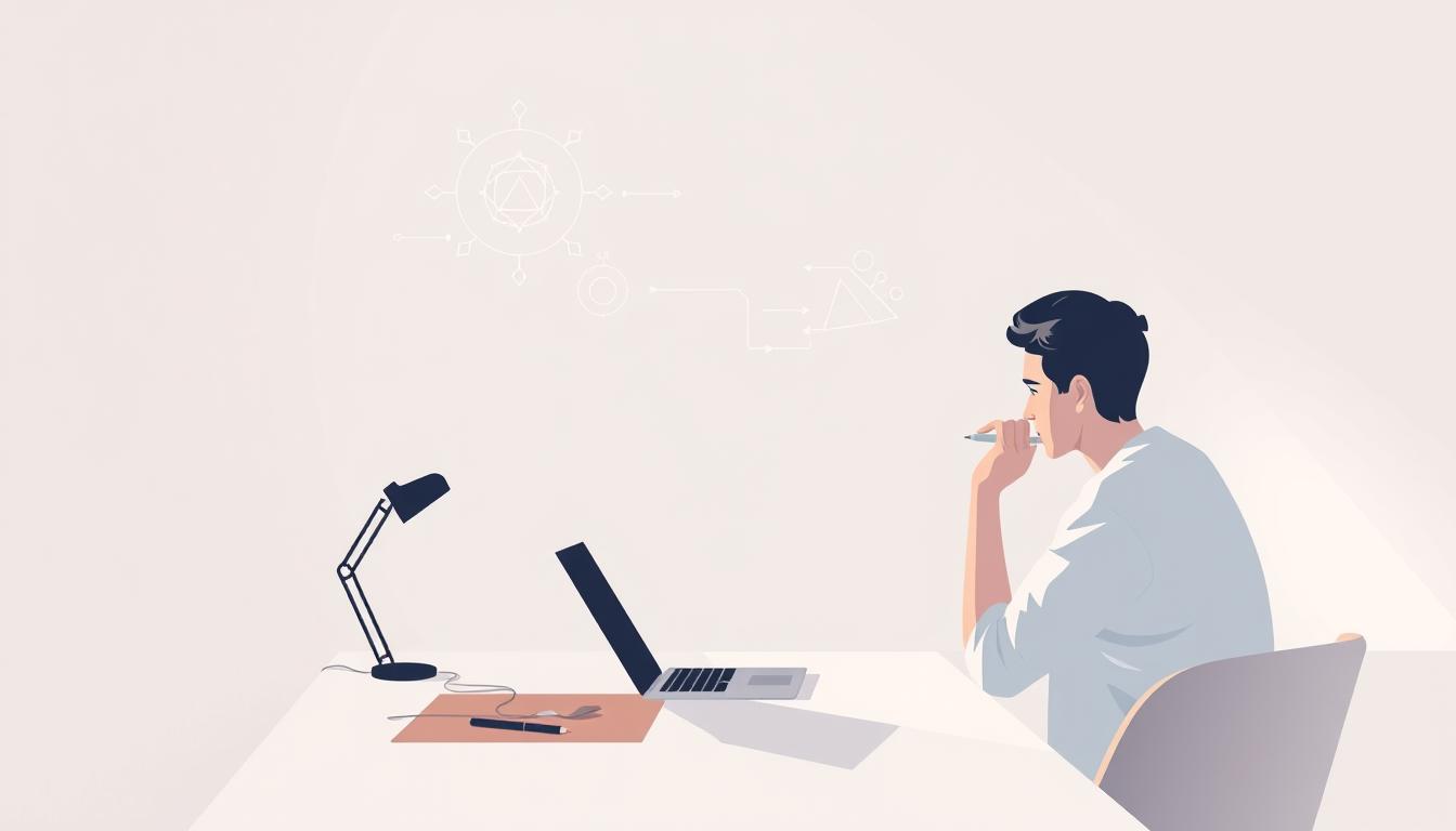 A serene, minimalist illustration of a content creator's workspace, showcasing their AI-enhanced creative workflow. Diffused lighting illuminates a clean, modern desk with a laptop, stylus, and a thoughtful gaze into the screen. In the background, an abstract representation of AI-powered ideation and generation processes, visualized through subtle geometric shapes and gradients. The overall composition conveys a sense of focus, efficiency, and the harmonious integration of human creativity and AI-driven content enhancement.