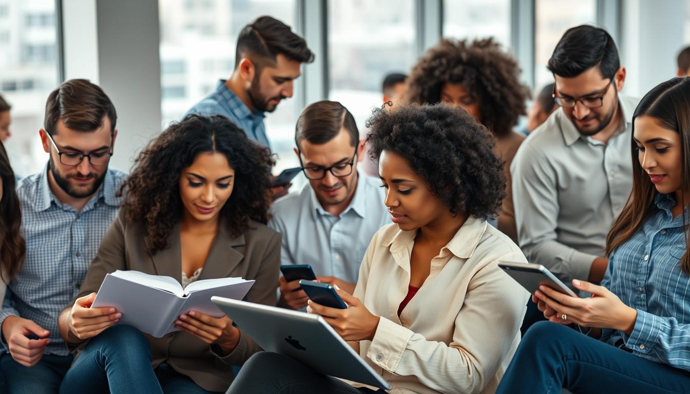 A diverse group of individuals representing the target audience, arranged in a dynamic composition. In the foreground, a range of ages, ethnicities, and genders are engaged in various activities - reading, typing on laptops, chatting, and using mobile devices. The middle ground features a clean, minimalist office or coworking space setting, with ample natural lighting filtering in through large windows. The background is blurred, hinting at a bustling urban landscape outside. The overall mood is one of focus, productivity, and a sense of community, reflecting the target audience's interests and behaviors.