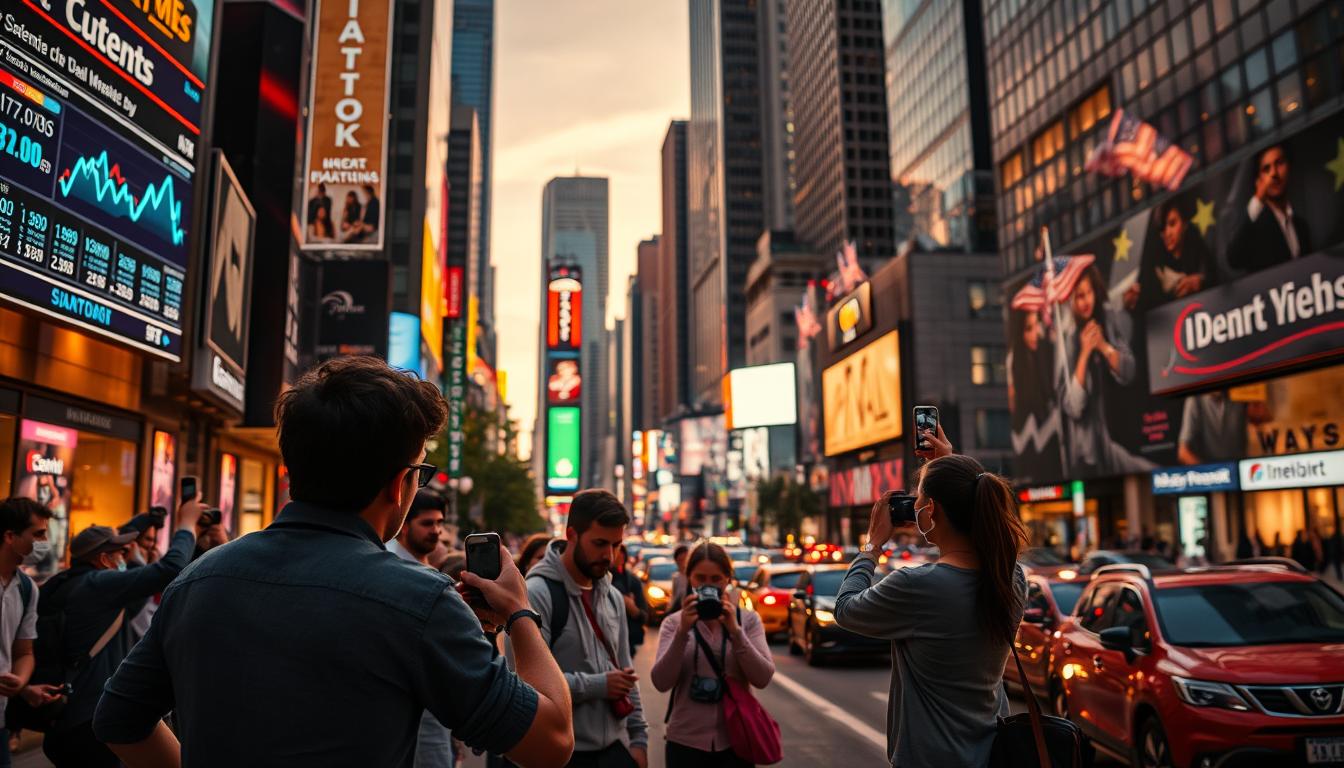 A bustling city street at dusk, neon signs and billboards casting a warm glow over the sidewalks. In the foreground, a group of young professionals engaged in animated conversation, gesturing towards a digital screen showcasing analytics and social media metrics. The middle ground features several content creators filming videos and snapping photos, their smartphones and cameras capturing the energy of the urban setting. In the background, towering skyscrapers and busy traffic lanes convey the sense of a thriving, digital-driven metropolis. Subtle cinematic lighting accentuates the dynamic atmosphere, with dramatic shadows and highlights drawing the eye towards the central focus of content promotion and digital marketing strategies.