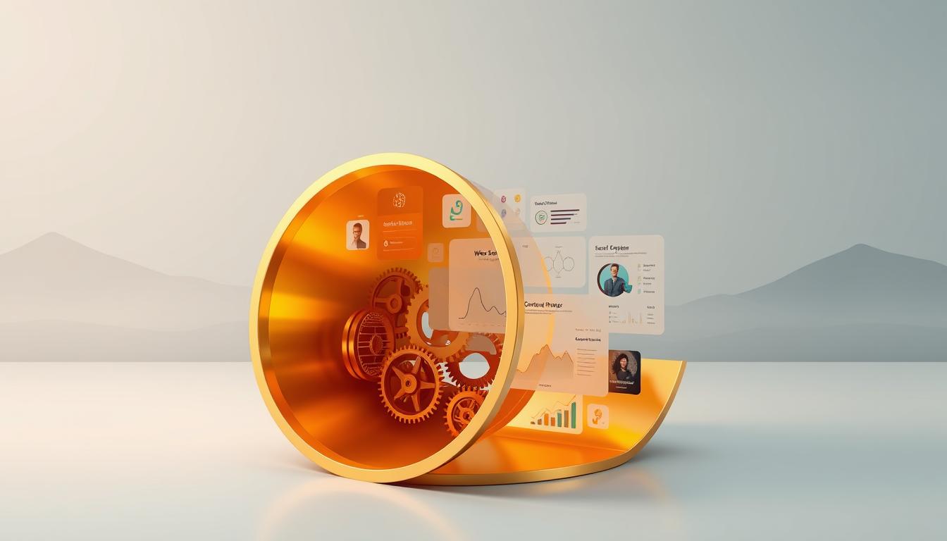A detailed, three-dimensional illustration of a content marketing funnel strategy. In the foreground, a wide funnel-shaped structure made of golden-hued metallic material, with intricate gears and cogs visible within. The middle ground features data visualizations and analytics dashboards, displaying user engagement metrics and content performance. In the background, a serene, minimalist landscape with muted tones, emphasizing the strategy's methodical and structured approach. The lighting is soft and evenly distributed, creating a sense of balance and professionalism. The camera angle is slightly elevated, providing an overview of the entire conceptual framework.