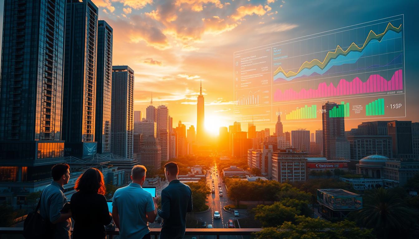 A bustling cityscape at sunset, with towering skyscrapers casting long shadows across the bustling streets below. In the foreground, a group of content creators gather, deep in discussion, their laptops and tablets illuminated by the golden glow of the setting sun. The middle ground features a dynamic blend of modern architecture and lush greenery, hinting at the thriving creative ecosystem. In the background, a vibrant display of colorful graphs, charts, and financial data projects, symbolizing the growth and monetization opportunities for these digital innovators. The scene conveys a sense of momentum, collaboration, and the relentless pursuit of success in the ever-evolving world of digital content creation.