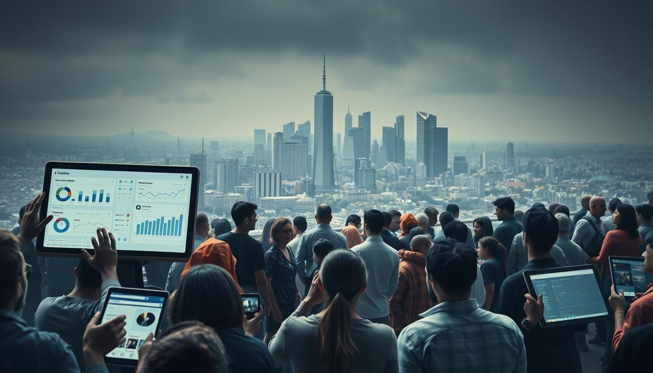A bustling social media community navigating the challenges of monetization. In the foreground, digital devices display analytics and revenue streams. In the middle ground, a diverse group of content creators and community members engage in lively discussion. The background features a cityscape, symbolizing the scale and complexity of the social media landscape. Muted tones and a pensive atmosphere convey the difficulty of turning social engagement into a sustainable business model. Soft lighting and a cinematic camera angle create a sense of contemplation and introspection around the topic.