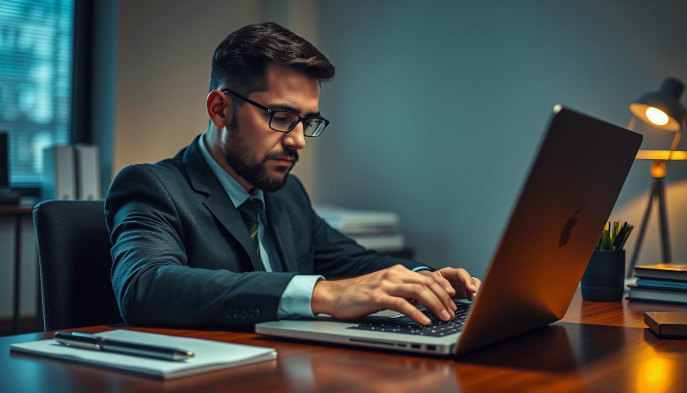 A professional business person sitting at a desk, carefully designing a meticulously crafted message on a laptop screen. The desk is well-organized with a warm, soft lighting illuminating the scene. The person's expression is one of deep focus and attention to detail, as they thoughtfully craft their words to maximize the impact of their private message. The background is slightly blurred, emphasizing the importance of the message-writing process. The overall mood is one of intentionality, attention to nuance, and a dedication to effective communication.