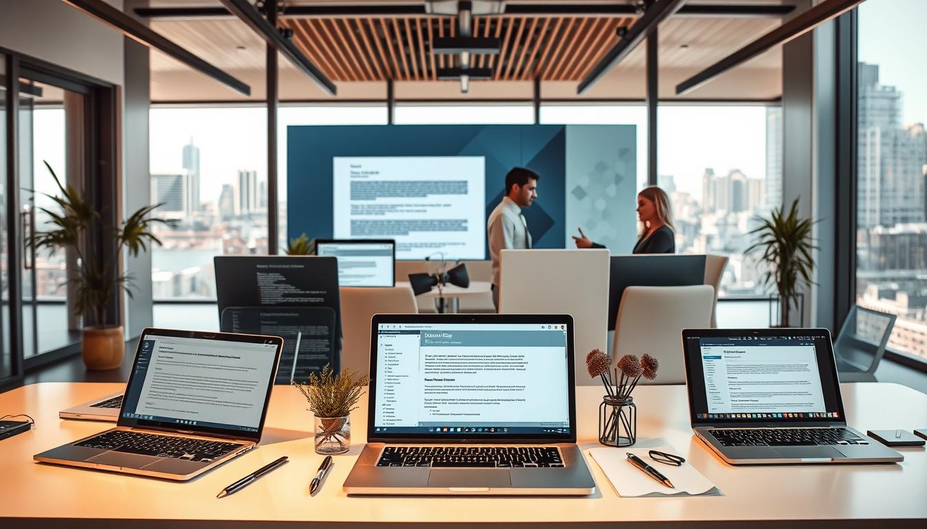 A high-quality photograph showcasing a diverse array of AI-powered content writing tools, displayed in a sleek and modern office setting. The foreground features several laptop screens displaying different software interfaces, with a careful arrangement of devices, stationery, and minimal decor elements to create a clean, minimalist composition. The middle ground showcases a few individuals, dressed in business attire, collaborating and utilizing the various tools. The background depicts a warm, well-lit environment with large windows overlooking an urban cityscape, conveying a sense of productivity and innovation. The image should capture the efficiency, versatility, and user-friendly nature of the AI writing assistants, suitable for highlighting their benefits for restaurant marketing and promotional campaigns.