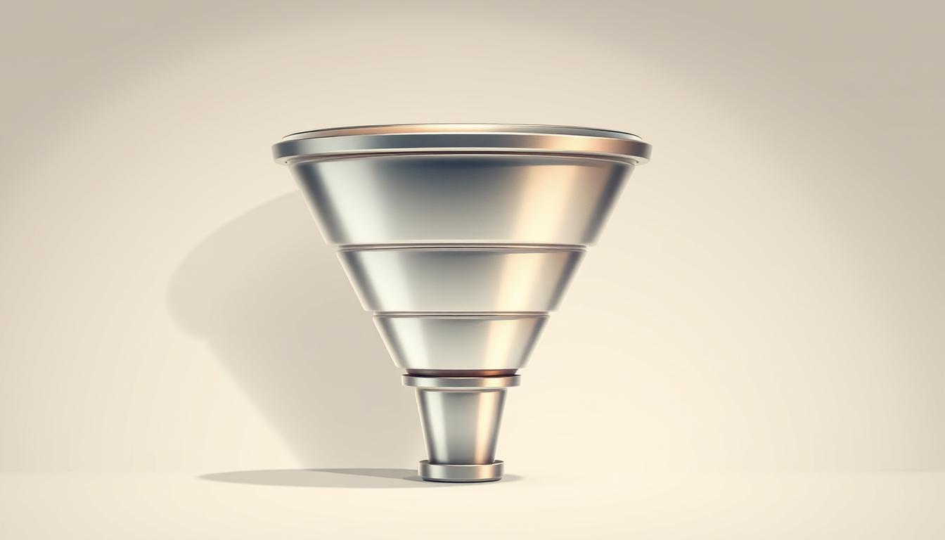 A detailed, data-driven sales funnel illustration with a clean, minimalist aesthetic. Set against a soft, muted background with subtle geometric patterns, the funnel should have a distinct staged structure, with each step clearly delineated. The funnel's surfaces should have a slight metallic sheen, conveying a sense of precision and efficiency. Lighting should be directional, creating depth and highlighting the funnel's contours. The overall mood should be professional, focused, and optimistic, reflecting the article's themes of building stable income through effective social media strategies.
