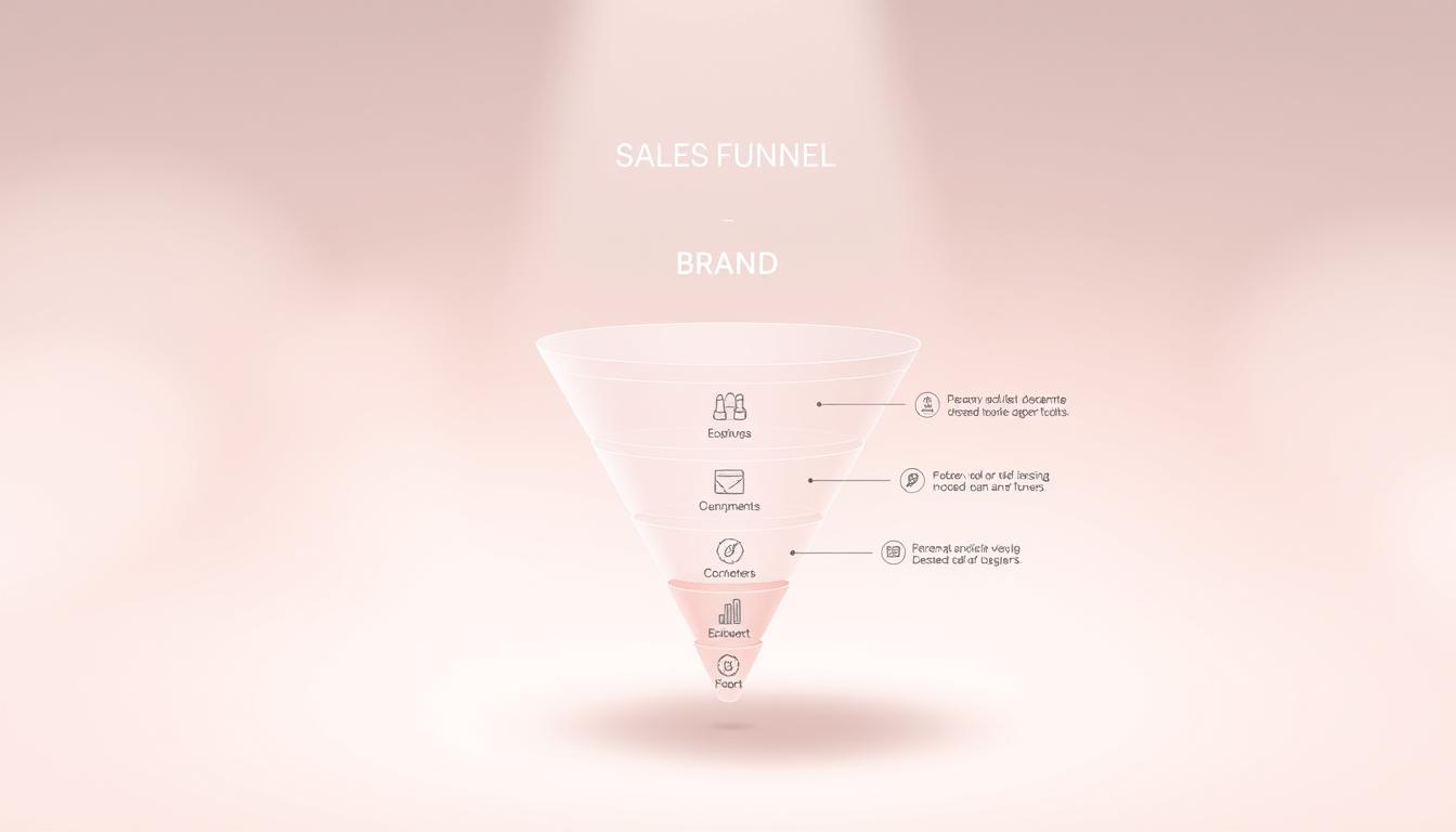 A detailed diagram of a brand sales funnel, rendered in a clean, minimalist style with a soft, pastel color palette. The funnel is composed of distinct stages, each represented by simple geometric shapes and icons, flowing smoothly from top to bottom. The background is a serene, hazy gradient, creating a sense of depth and focus on the core elements. Subtle lighting from the top casts gentle shadows, emphasizing the three-dimensional form of the funnel. The overall mood is one of clarity, simplicity, and strategic purpose, capturing the essence of the "brand funnel" concept.
