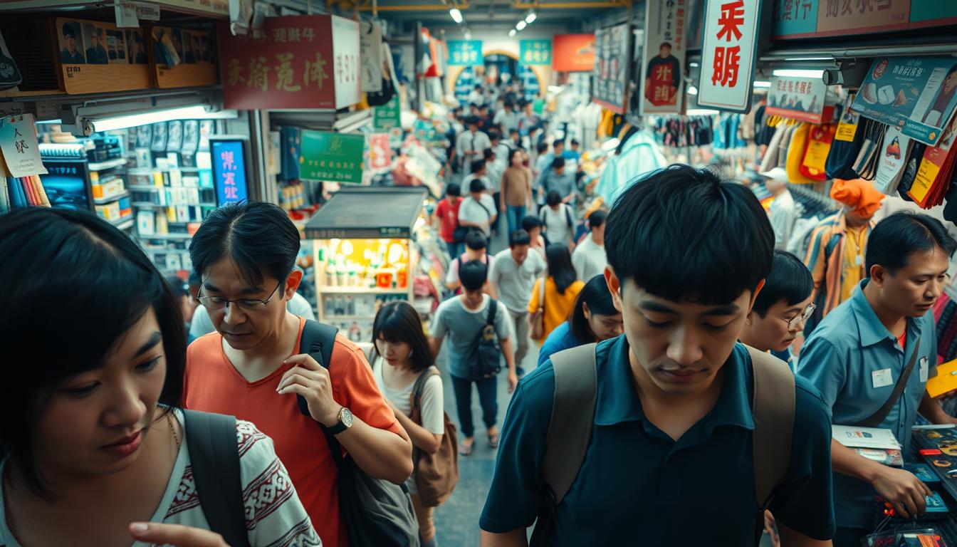 A bustling scene in a lively Taiwanese Shopee market, capturing the unique dynamics of consumer behavior. In the foreground, shoppers intently browse and compare products, their expressions reflecting a mix of determined focus and casual curiosity. The middle ground showcases vibrant stalls and displays, showcasing a diverse array of offerings from electronics to fashion. In the background, a sense of energy and movement pervades, as people navigate the aisles, creating a tapestry of interactions and transactions. Soft, diffused lighting casts a warm, inviting glow, while the camera's angle provides a bird's-eye view, offering a comprehensive perspective on the market's intricate ecosystem. This image aims to convey the distinctive character of the Taiwanese Shopee market, highlighting its potential for insightful AI-driven analysis.