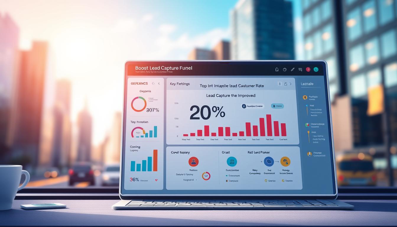 A high-contrast digital illustration depicting a user interface for boosting lead capture rates. In the foreground, an engaging dashboard shows key metrics and actionable insights for optimizing lead capture funnels. The middle ground features a central infographic visualizing the 30% lead capture rate improvement, with vibrant icons and infographic elements. The background showcases a blurred cityscape, hinting at the broader business context. The overall mood is one of data-driven optimization, clarity, and a sense of empowerment around growing one's customer base. The lighting is crisp, with a touch of dramatic shadows, creating a polished, professional aesthetic suitable for a business-focused article.