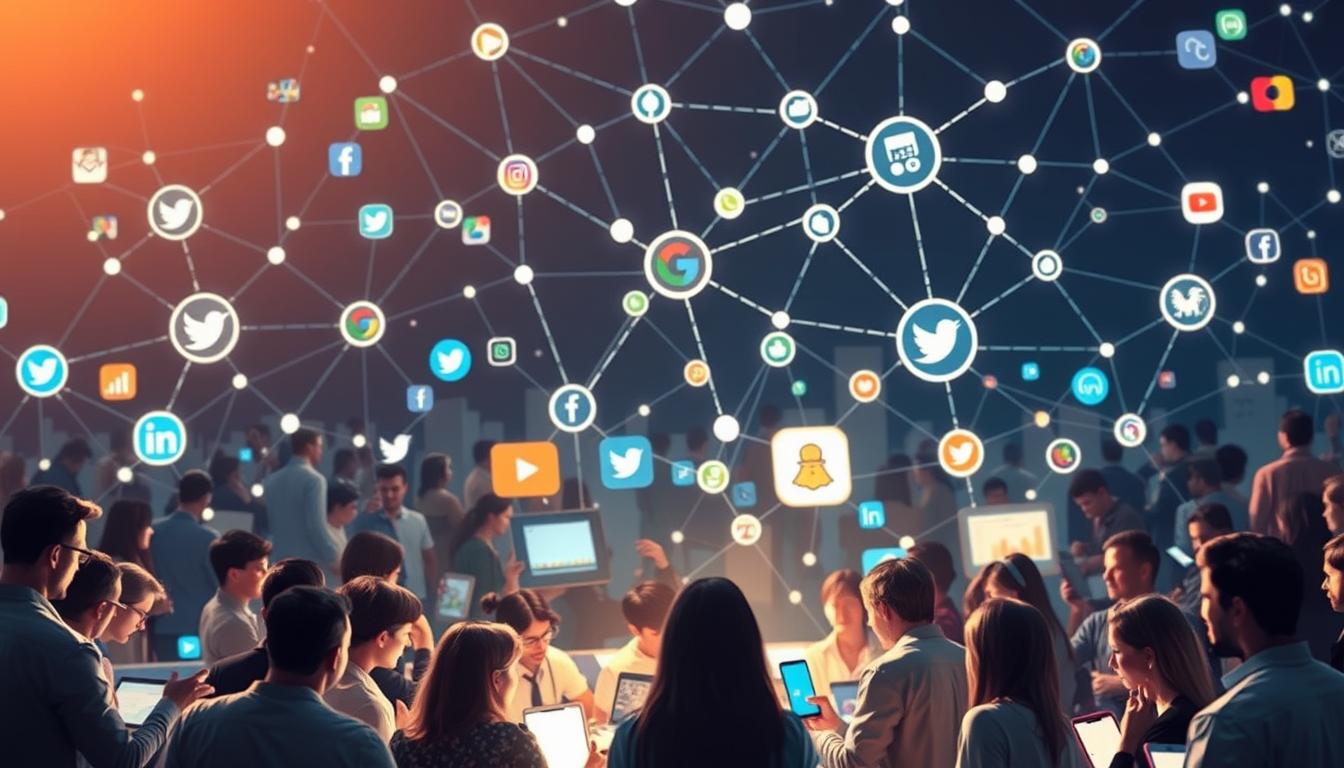 A bustling social media landscape, with users engaged in lively discussions and sharing content. In the foreground, a group of people gathered around a central hub, their faces illuminated by the glow of their devices. The middle ground depicts a diverse array of digital platforms, each with its own unique visual identity. In the background, a web of interconnected nodes, representing the intricate network of connections that define the modern social ecosystem. Soft, diffused lighting casts a warm, inviting atmosphere, highlighting the importance of fostering meaningful interactions and building strong, vibrant communities in the digital age.