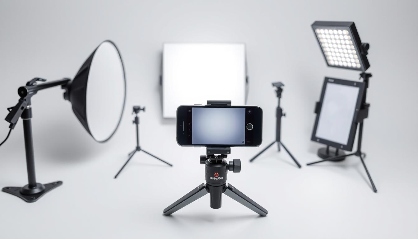 A compact and well-organized smartphone photography setup, featuring a sleek and minimalist design. In the foreground, a modern smartphone with a high-quality camera module rests on a sturdy, adjustable tripod. Strategically placed around it are essential accessories, such as a collapsible reflector panel to control lighting, a small softbox to create soft, diffused illumination, and a portable LED light panel to provide supplementary illumination. The middle ground showcases a simple, uncluttered backdrop, allowing the subject to be the focal point. The overall scene conveys a sense of efficiency, professionalism, and an attention to detail, perfectly suited for capturing high-quality product images for an e-commerce platform.