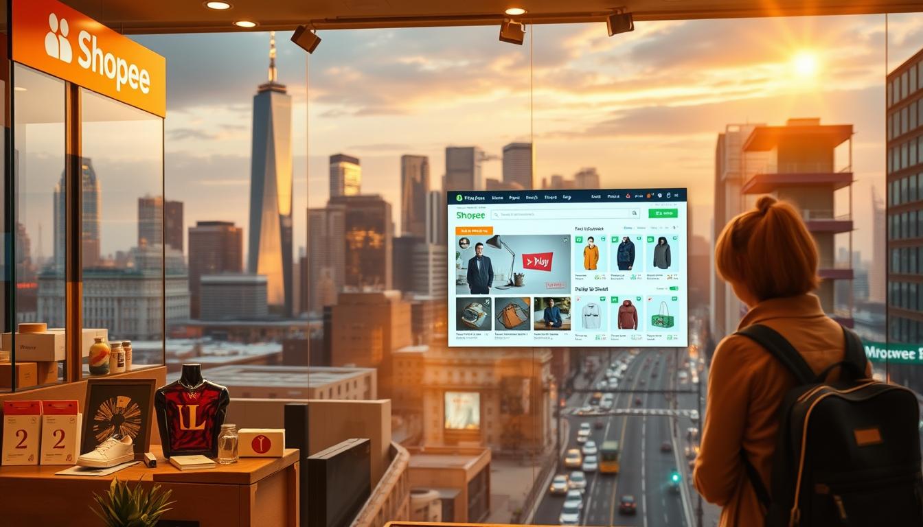 A successful Shopee online store display, featuring a vibrant and dynamic storefront showcasing a variety of well-curated products. The scene is bathed in warm, golden lighting, creating a inviting and professional atmosphere. In the foreground, high-quality product images are artfully arranged, showcasing the breadth of the store's offerings. The middle ground depicts a sleek, modern interface with intuitive navigation, highlighting the user-friendly nature of the Shopee platform. In the background, a cityscape skyline with towering skyscrapers and bustling streets conveys a sense of urban energy and economic prosperity, symbolizing the store's thriving presence within the e-commerce landscape.