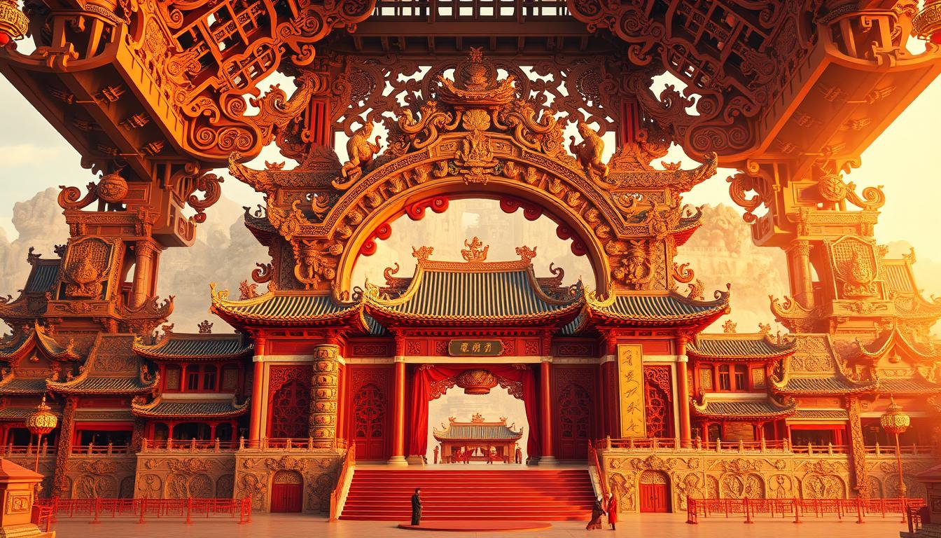 A grand, ornate structure of interlocking narratives, inspired by traditional Chinese architecture. In the foreground, a central story arc takes center stage, its intricate details carved in rich, vibrant hues. The middle ground showcases supporting narratives, their forms flowing seamlessly into the central piece. In the background, a tapestry of smaller vignettes unfolds, weaving together to create a comprehensive brand story. Warm, golden lighting illuminates the scene, casting a sense of timeless elegance. The composition is balanced, with a harmonious interplay of shapes, lines, and colors, guiding the viewer's eye through the captivating brand narrative.