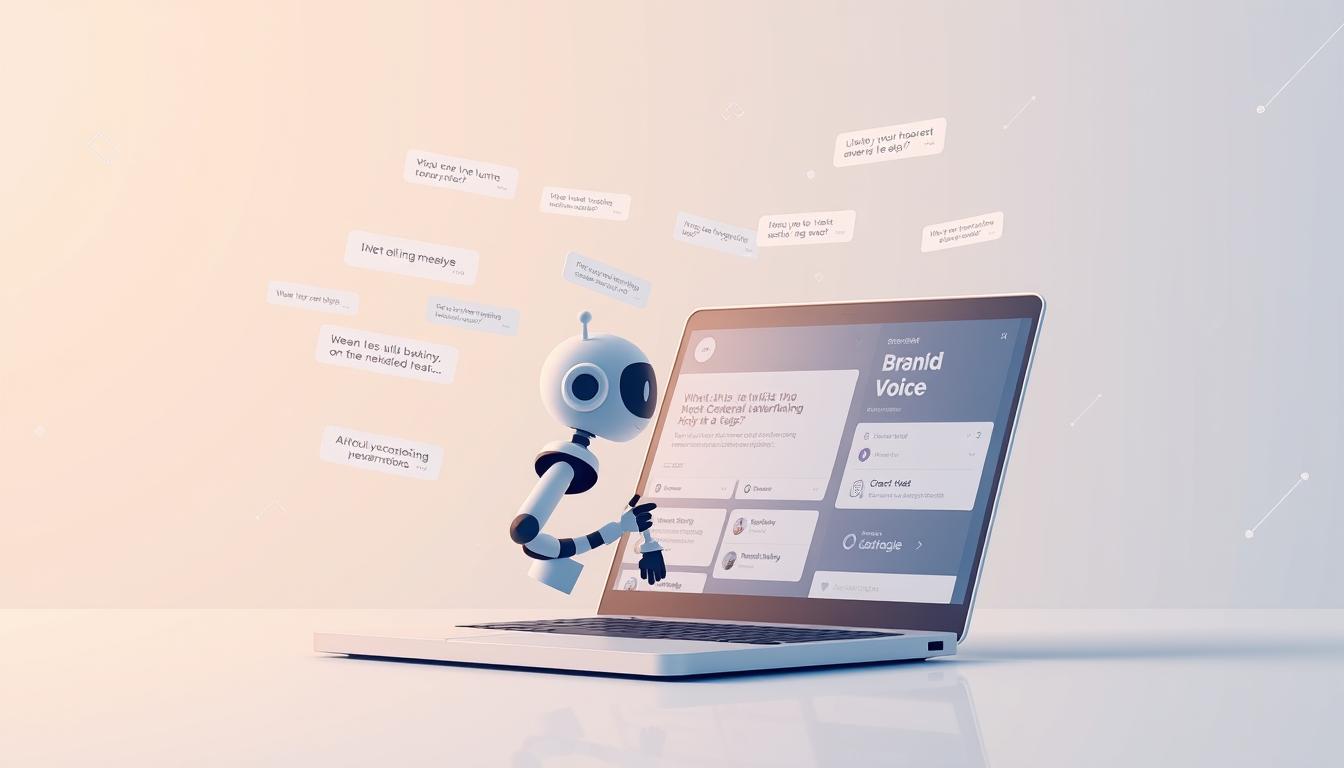 A modern and minimalist digital illustration depicting the personalization of AI-generated advertising copy. In the foreground, a stylized 3D AI assistant avatar or chatbot emerges from a laptop screen, surrounded by floating lines of dynamic text, symbolizing the customization of messaging. The middle ground features a branding mockup or social media interface, showcasing a consistent brand voice and visual identity. The background is a clean, gradient-based environment with subtle geometric patterns, conveying a sense of technological sophistication. The overall mood is one of sleek professionalism, innovation, and the harmonious integration of AI and human-centric marketing.