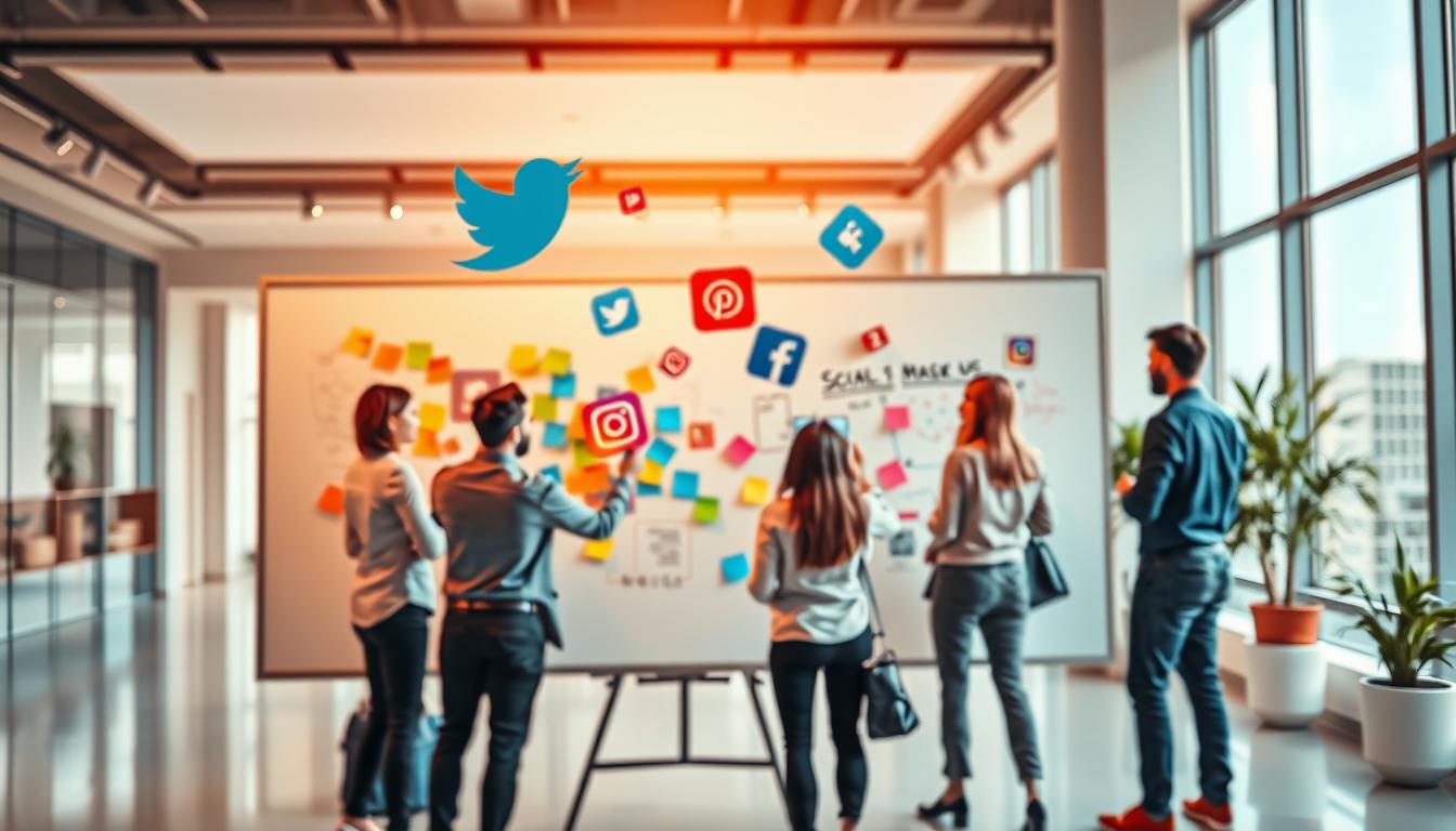 A dynamic and visually captivating image of a social media platform strategy adjustment. In the foreground, a team of digital marketing professionals collaboratively brainstorming ideas on a large whiteboard, with colorful sticky notes and diagrams. The middle ground features various social media platform icons, such as Twitter, Facebook, and Instagram, hovering and interacting with each other. In the background, a sleek and modern office setting with floor-to-ceiling windows, allowing natural light to pour in and create a sense of openness and innovation. The overall mood is one of strategic planning, creative problem-solving, and a forward-thinking approach to social media content optimization.