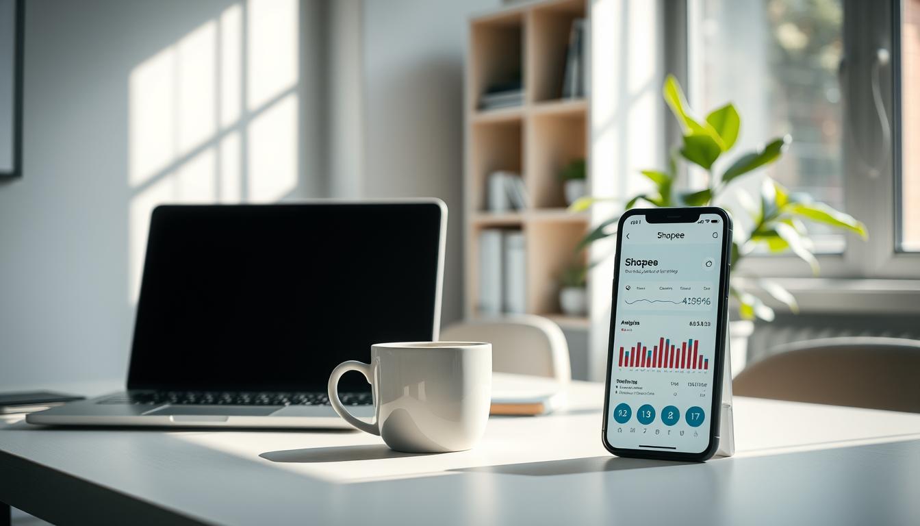 A serene office workspace with a laptop, a cup of coffee, and a smartphone displaying Shopee analytics. Soft natural lighting filters through a large window, creating a productive and focused atmosphere. In the background, a minimalist bookshelf and a plant add a touch of greenery, symbolizing the growth and optimization of the Shopee selling strategy. The composition emphasizes the importance of data-driven decision-making and continuous improvement for maintaining a competitive edge on the e-commerce platform.
