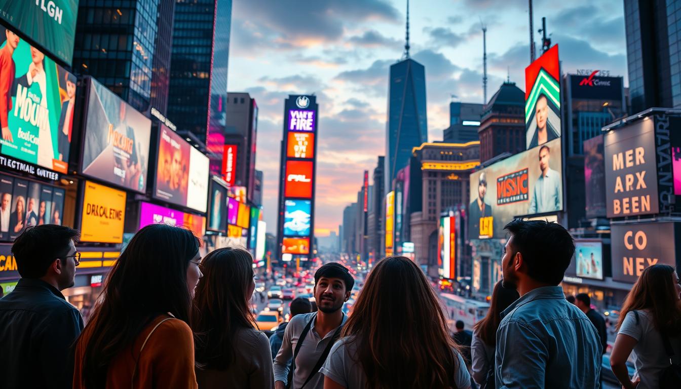 A bustling city skyline at dusk, with vibrant neon signs and digital billboards illuminating the urban landscape. In the foreground, a group of young professionals engaged in animated discussion, surrounded by the pulsing energy of the digital age. The scene is captured with a cinematic, wide-angle lens, highlighting the interconnected nature of modern marketing and communication. Warm lighting casts a soft glow, evoking a sense of innovation and opportunity. In the background, silhouettes of skyscrapers and the faint outlines of servers and technology infrastructure symbolize the infrastructure supporting the digital marketing revolution.