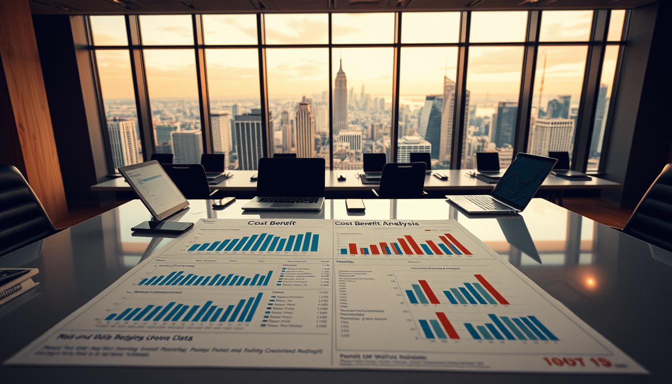 A detailed cost-benefit analysis chart set against a backdrop of a corporate office scene. In the foreground, a sleek modern table displays neatly organized financial data, graphs, and calculations. The middle ground features an array of laptops, smartphones, and other digital devices, symbolizing the technological tools used for data analysis. The background showcases a panoramic view of a bustling city skyline through floor-to-ceiling windows, conveying a sense of a thriving, connected business environment. Warm, soft lighting creates a professional and focused atmosphere, allowing the analytical content to take center stage. The overall composition strikes a balance between the analytical precision of the cost-benefit data and the dynamic, technology-driven business landscape.