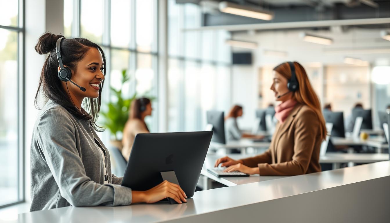A professional customer service team assisting customers in a modern office setting. In the foreground, a customer service representative smiles warmly while interacting with a customer over a sleek, minimalist desk. In the middle ground, a small team of customer service agents work diligently on their computers, providing attentive and efficient support. The background features a clean, contemporary office design with large windows allowing natural light to flood the space, creating a bright and welcoming atmosphere. Soft, diffused lighting illuminates the scene, emphasizing the professionalism and attention to detail of the customer service operation.