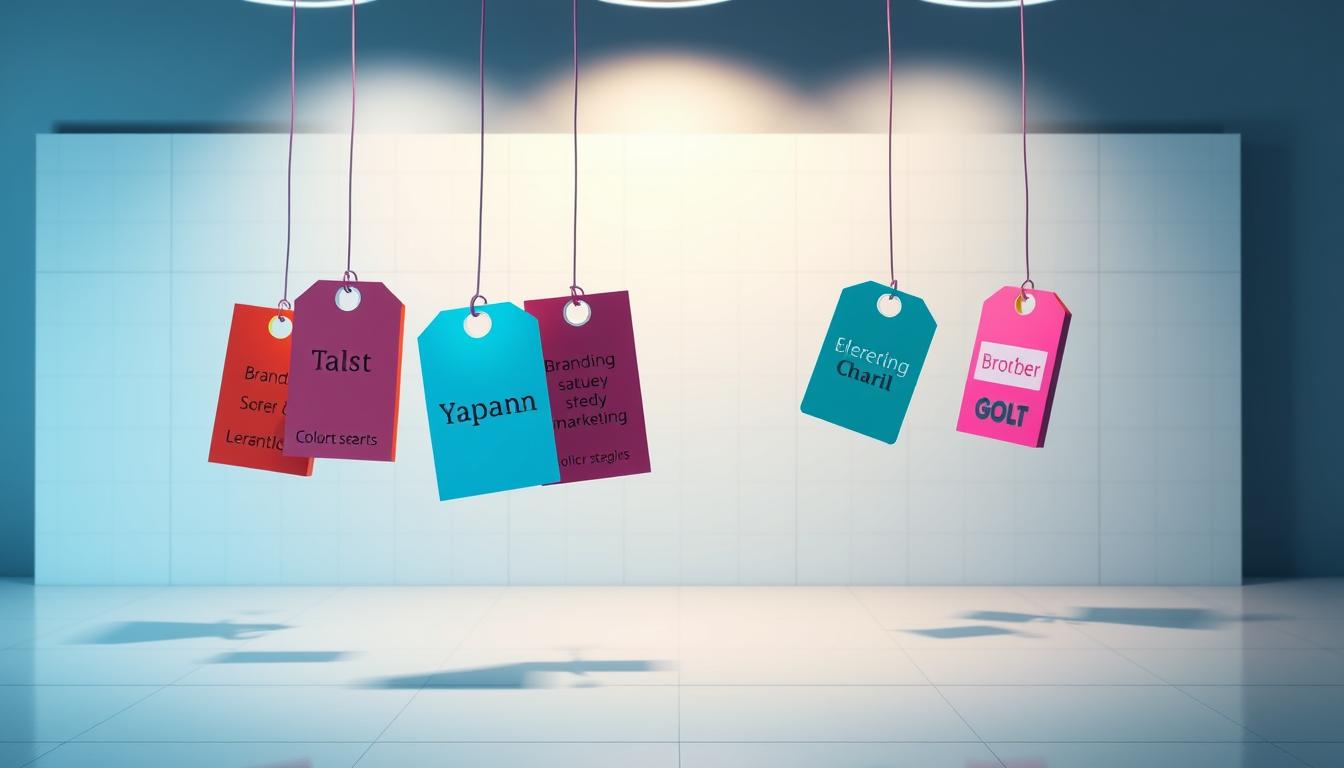 A stylized digital illustration depicting a "Tags and Keyword Strategy" concept. In the foreground, a group of vibrant, geometrically-styled digital price tags or labels float and hover, casting dynamic shadows. The tags showcase various keywords and search terms related to branding, social media, and digital marketing. The middle ground features a clean, minimalist background with a subtle grid pattern, hinting at the organizational and analytical aspects of an effective tagging strategy. The lighting is soft and evenly distributed, creating a sense of balance and professionalism. The overall mood is modern, sleek, and visually compelling, reflecting the importance of a well-crafted tags and keywords approach in building a personal brand's online presence and discoverability.
