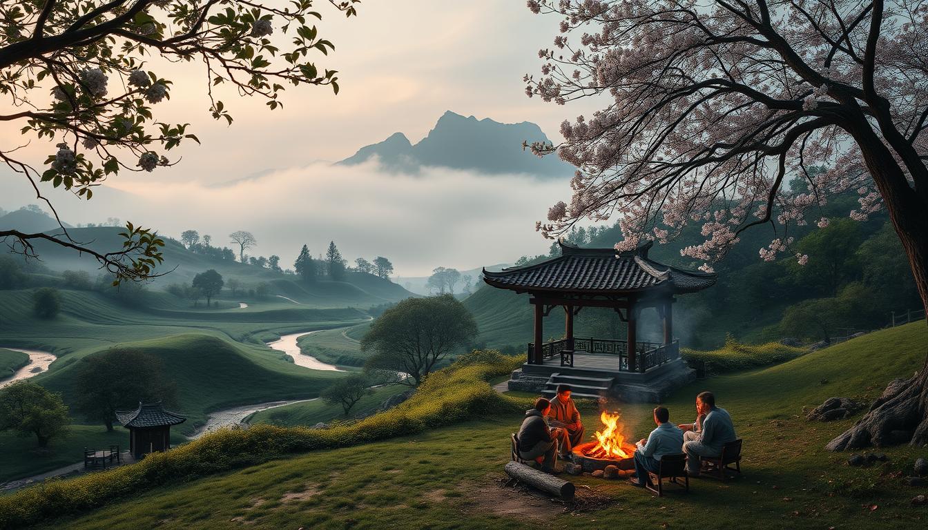 A tranquil, traditional Chinese landscape scene, with rolling hills, winding streams, and lush, verdant foliage. In the foreground, a group of people gathered around a campfire, sharing stories and passing tea cups. The middle ground features a small, rustic wooden pavilion, its elegant architecture framed by delicate cherry blossoms in full bloom. The background is dominated by a misty, mountainous horizon, the peaks shrouded in an ethereal, dreamlike haze. The lighting is warm and soft, casting a gentle glow over the entire scene, evoking a sense of timeless serenity and emotional connection. Captured with a wide-angle lens to create a sense of depth and immersion.