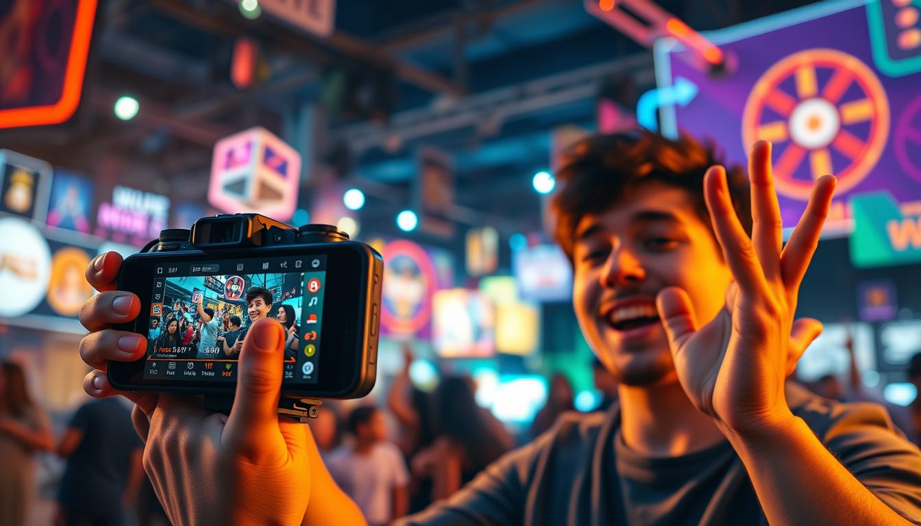 A vibrant and dynamic short-form video streaming scene, captured in a high-quality cinematic style. In the foreground, a young content creator gestures passionately while recording on a sleek, mirrorless camera, their face illuminated by warm lighting. The middle ground features a smartphone displaying real-time viewer engagement metrics, showcasing the instant feedback and monetization potential of live streaming. In the background, a colorful array of digital overlays, animated graphics, and virtual effects create an immersive, visually striking environment, reflecting the creative possibilities of this emerging media format. The overall mood conveys a sense of energy, creativity, and the thrill of immediate audience interaction.