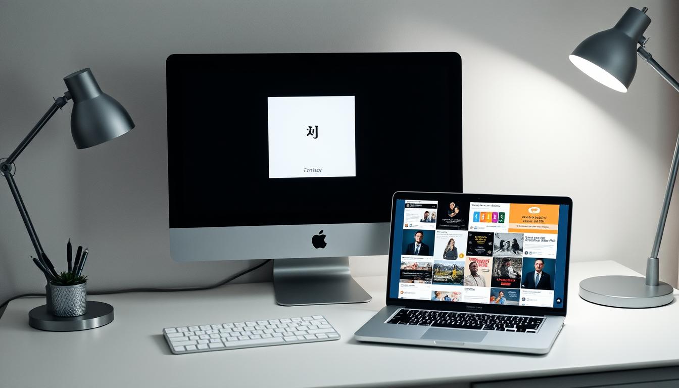 A minimalist workspace with a desktop computer, a sleek silver laptop, and a modern desk lamp. The desktop screen displays a simple calendar app, highlighting the date "一天一貼". The laptop's screen shows a mood board of diverse content ideas, including social media posts, infographics, and short-form videos. The desk is neatly organized, with a stylish pen holder and a small potted plant. Soft, diffused lighting creates a focused, productive atmosphere. The overall scene conveys a sense of intentional content planning and daily social media engagement.
