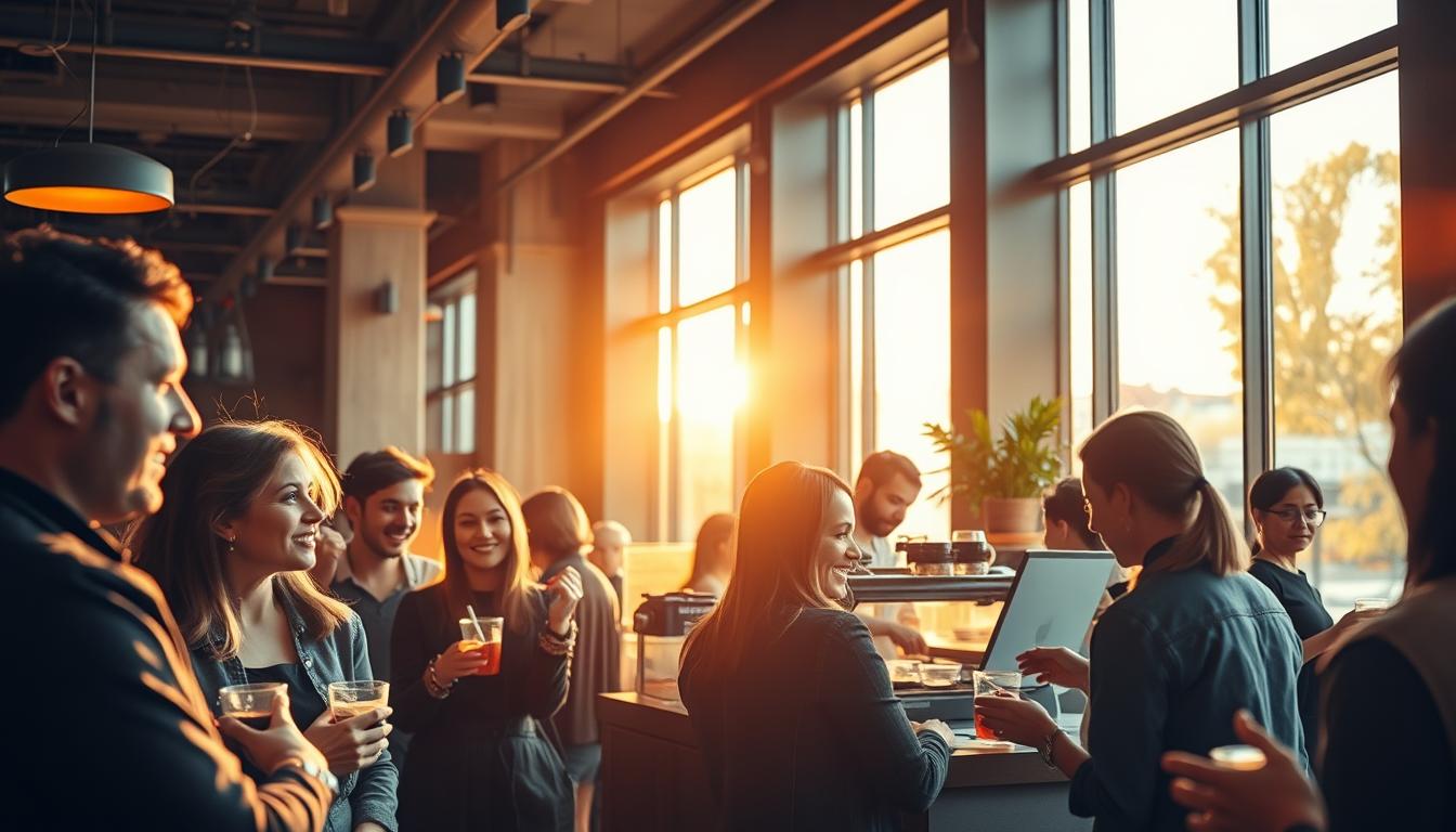 A bustling café scene, bathed in warm, golden light from large windows. In the foreground, a group of customers engaged in lively conversation, their faces animated with interest. In the middle ground, a barista expertly crafts coffee drinks, their movements fluid and precise. The background features sleek, modern furnishings and décor, conveying a sense of sophistication and community. The overall atmosphere is one of vibrant engagement, where patrons feel welcomed and encouraged to linger, connect, and forge lasting relationships with the brand.