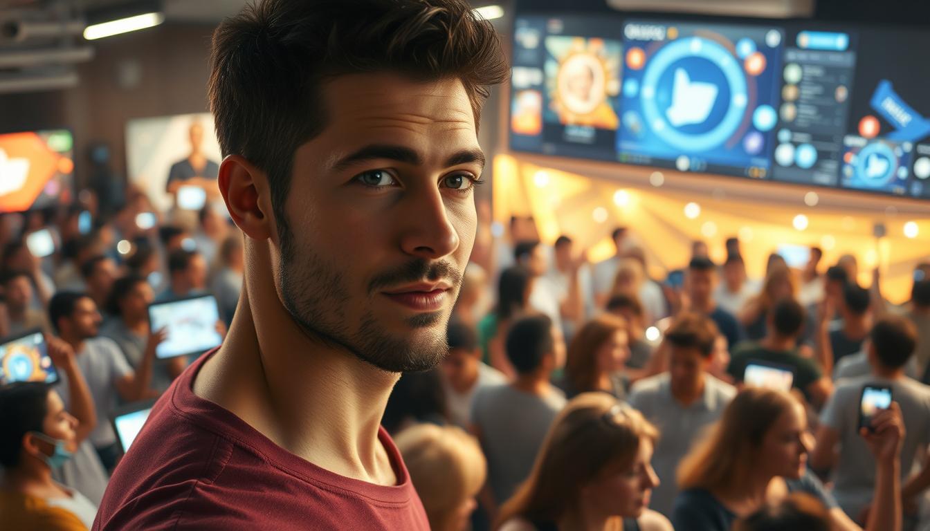 A bustling digital landscape, where a vibrant online community gathers around a central figure. In the foreground, a charismatic content creator captivates their audience, their likeness rendered with photorealistic detail. Soft, warm lighting illuminates the scene, casting a gentle glow on the creator's face and the surrounding digital elements. In the middle ground, a swirling vortex of social media activity - likes, comments, shares - symbolizing the engaged fanbase. The background features a sleek, minimalist interface, hinting at the sophisticated tools and strategies employed in modern fan engagement. The overall atmosphere conveys a sense of connection, influence, and the power of effective community building.
