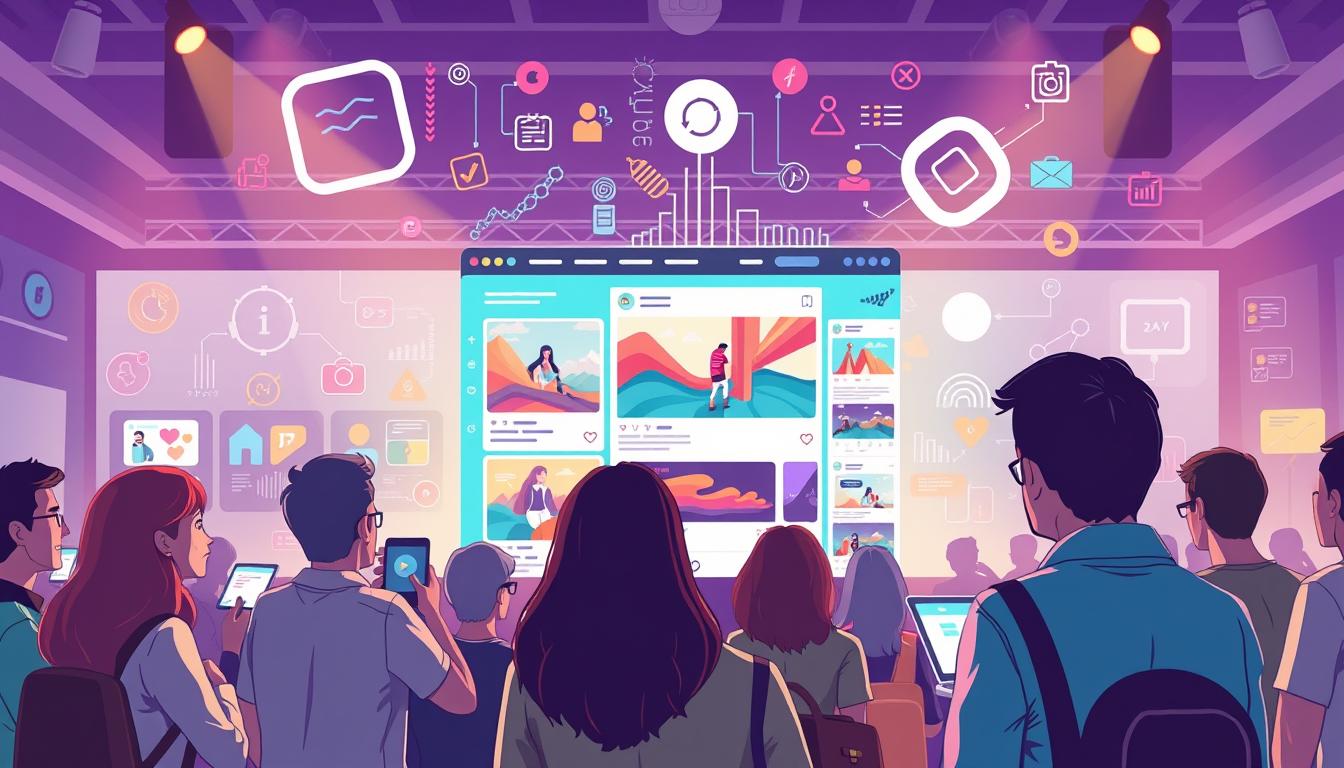 A vibrant digital illustration showcasing the seamless integration of social media content and advertising campaigns. In the foreground, a group of engaged social media users interact with a curated feed of visually appealing content. In the middle ground, a sleek, modern advertisement seamlessly blends into the social media interface, capturing the attention of the audience. The background depicts a dynamic, tech-savvy environment with stylized icons and infographic elements, highlighting the data-driven nature of this "social media content warming" process. The lighting is soft and warm, creating a sense of approachability and professionalism. The overall composition conveys the power of aligning social media engagement with targeted advertising for maximum impact.