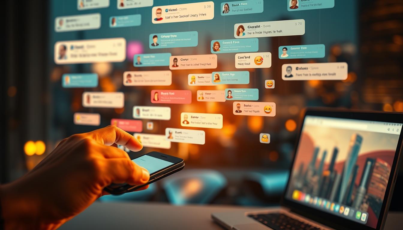 A bustling social media interface with vibrant messaging threads, showcasing the interplay between online conversations and real-world transactions. Warm lighting illuminates the scene, casting a soft glow on the smooth, glossy surfaces of mobile devices and computer screens. In the foreground, a user's hand hovers over a touchscreen, poised to initiate a purchase based on the persuasive messaging within the social platform. The middle ground depicts a diverse array of profile avatars, emojis, and reaction icons, hinting at the rich tapestry of online interactions that shape purchasing decisions. The background features a blurred cityscape, symbolizing the broader societal and economic context in which these digital exchanges occur. The overall composition conveys the dynamic interplay between social media engagement and the conversion of leads into sales.