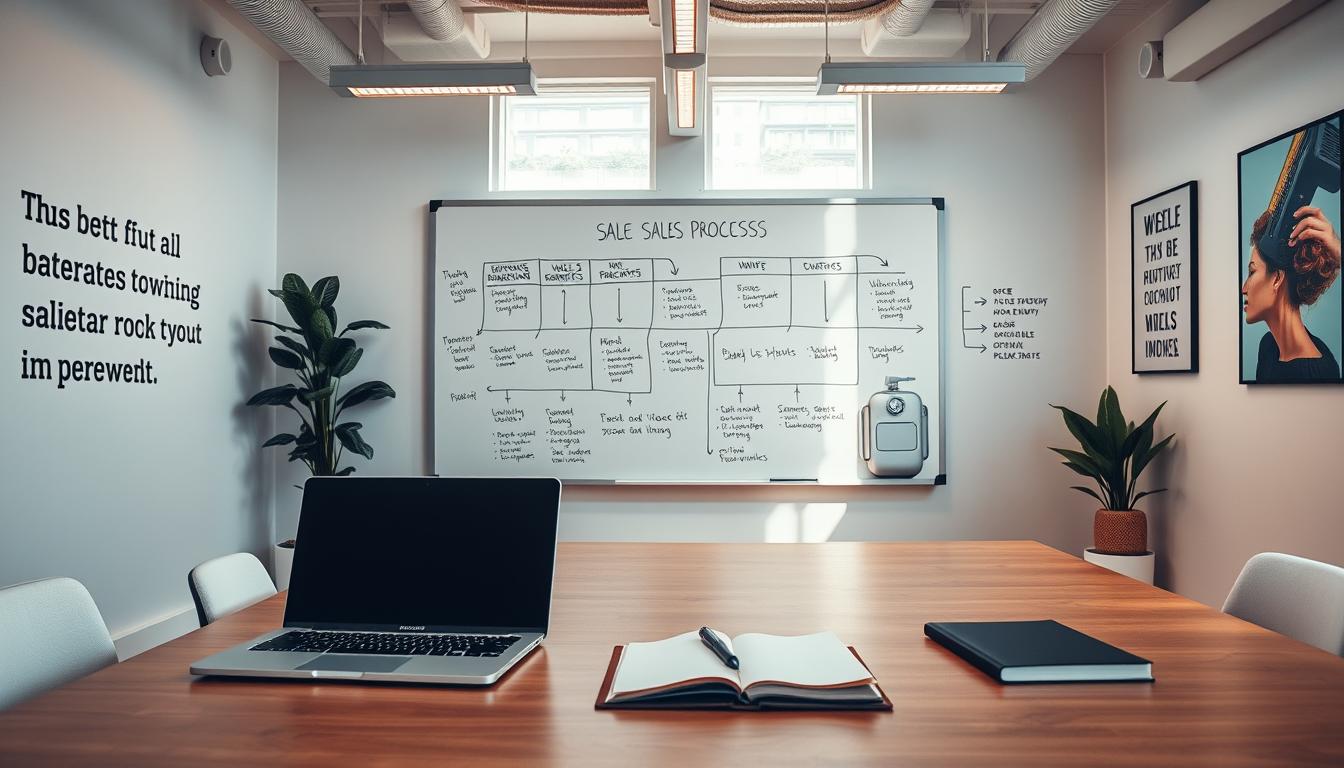 A well-lit office space with a minimalist desk setup. On the desk, a laptop, a pen, and a notebook, suggesting an organized and efficient work environment. In the background, a large whiteboard displays a visual representation of a sales process, with various stages and metrics clearly outlined. The walls are adorned with motivational quotes and inspirational artwork, creating an atmosphere conducive to productivity and optimization. Warm lighting from overhead fixtures and natural light streaming through windows contribute to a sense of focus and professionalism. The overall scene conveys a sense of streamlined operations and a dedication to continuous improvement in the sales workflow.
