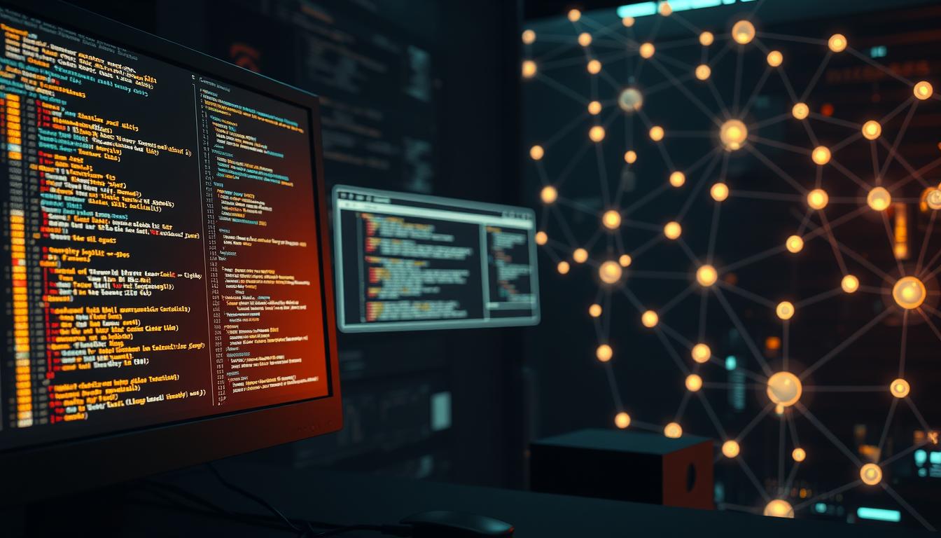 A detailed technical diagram showcasing the deep application of schema and semantic markup for advanced SEO. In the foreground, a computer monitor displays intricate code snippets and structured data elements. The middle ground features a sleek, minimalist user interface demonstrating the integration of these techniques. In the background, a network of interconnected nodes and data flows symbolize the complex web of semantic relationships. Soft, warm lighting illuminates the scene, creating a sense of depth and technical sophistication. The overall atmosphere conveys the power and precision of leveraging schema and semantic markup to optimize content for enhanced searchability and user experience.