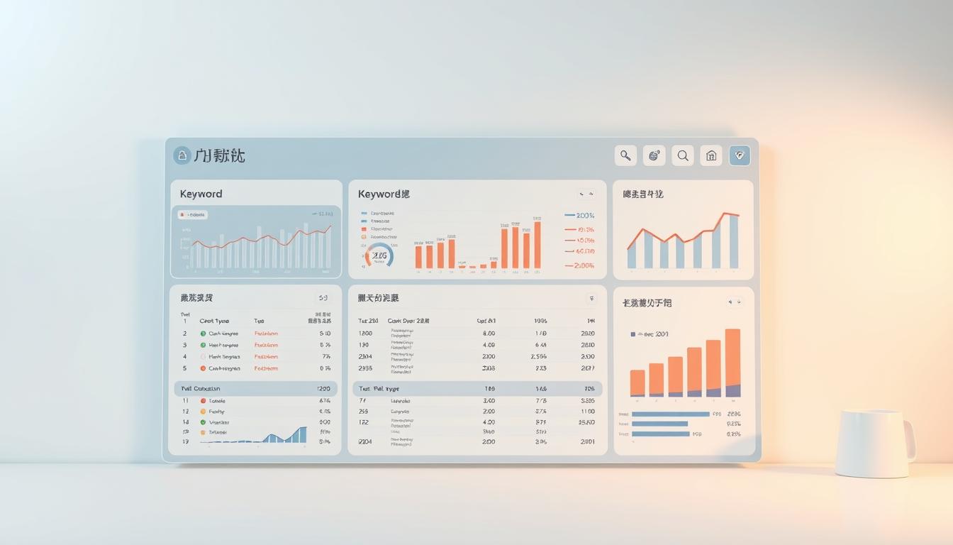 A detailed analysis of the "關鍵字分析" concept, rendered in a modern, minimalist style. A clean, professional layout with crisp typography and elegant data visualizations, bathed in soft, directional lighting that emphasizes the clarity of the information. The foreground features a neatly organized dashboard of charts, graphs, and tables displaying keyword metrics, search volume, and other relevant data. The middle ground incorporates stylized icons and symbols to represent the different components of keyword analysis. The background is a subtle, neutral gradient that allows the information to take center stage. Overall, the image conveys a sense of data-driven insights and strategic decision-making.