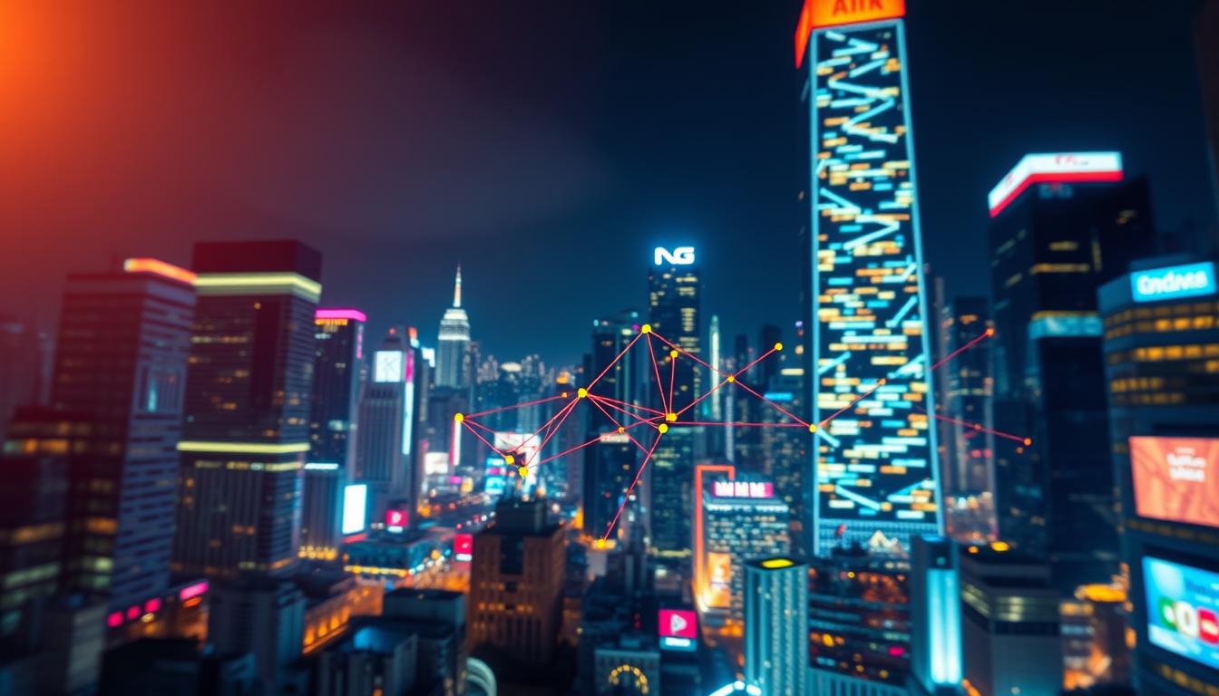A neon-lit cityscape at night, with a bustling social media landscape in the foreground. In the center, a stylized data visualization depicting the connection between content marketing and social commerce, with colorful geometric shapes and lines pulsing with energy. The background features a towering skyscraper, its windows aglow with the digital activity within. The scene is bathed in a warm, futuristic glow, conveying the dynamic relationship between online content and successful social engagement. Crisp, high-resolution imagery with a cinematic depth of field, shot with a wide-angle lens to capture the scale and complexity of the scene.