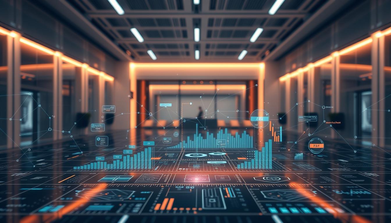 A data-driven, forward-looking business landscape. A central focus of data analytics and metrics, surrounded by interconnected data points and visualizations. The foreground features a sleek, minimalist data dashboard with dynamic charts and graphs, reflecting real-time insights. The middle ground showcases interconnected data flows and algorithmic processes, with a sense of technological elegance. The background frames this with a clean, architectural environment - a modern office or tech hub setting, illuminated by warm, directional lighting that highlights the data-driven nature of the scene. The overall impression is one of an organized, efficient, and technologically-advanced decision-making environment.