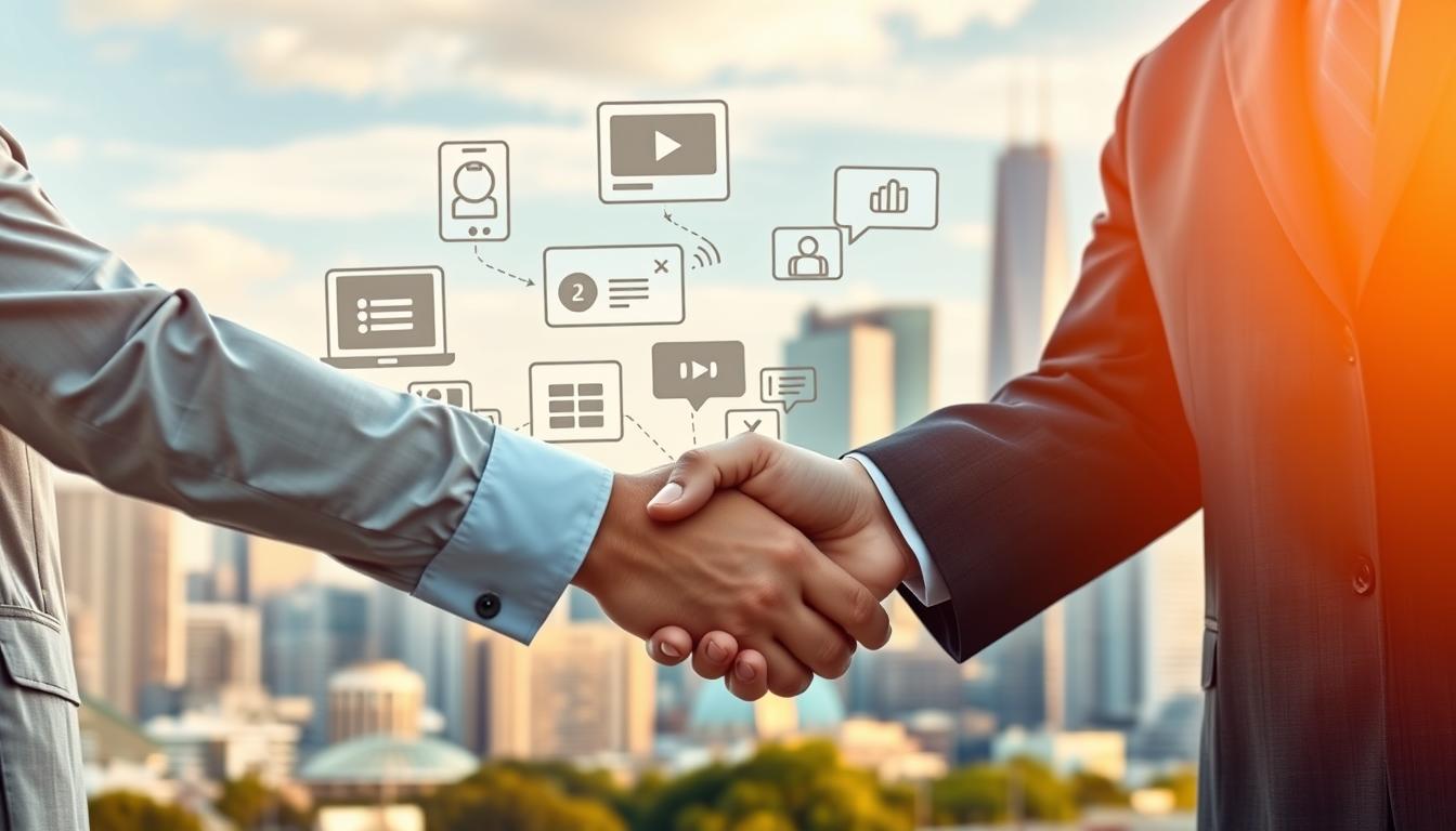 A professional-looking image showcasing content collaboration methods. In the foreground, two business partners shake hands, symbolizing a partnership. The middle ground depicts various content formats like blog articles, social media posts, and videos, representing the diverse content offerings. In the background, a city skyline with modern high-rises and a vibrant, dynamic atmosphere, conveying the scale and reach of the content network. The lighting is warm and natural, creating a sense of harmony. The composition is balanced, with a focus on the collaborative elements. The overall tone is one of professionalism, cooperation, and growth potential.