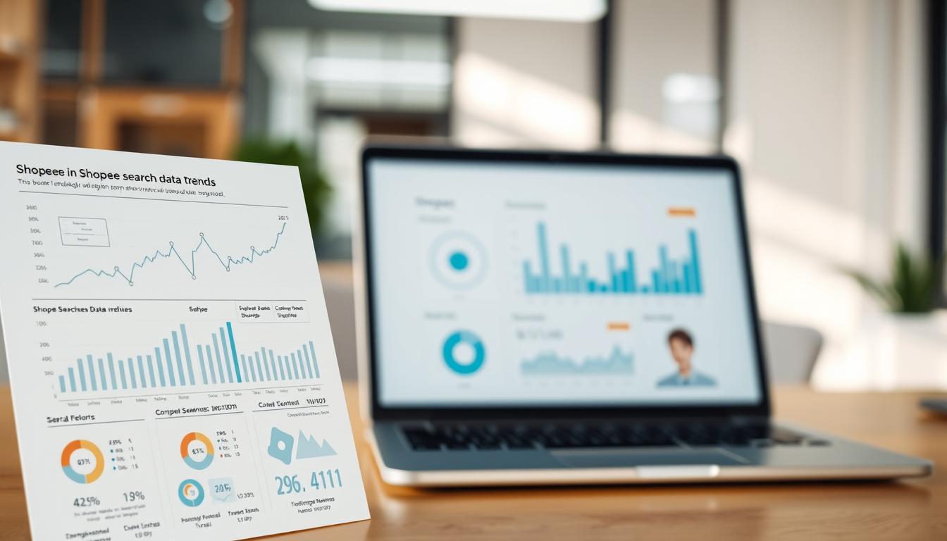 A detailed data analysis visualization depicting the Shopee search data trends. The foreground shows a sophisticated infographic with charts, graphs, and statistics presented in a clean, minimalist style. The middle ground features a digital device such as a laptop or tablet displaying the Shopee platform interface. The background is a softly blurred office or workspace environment, conveying a professional, business-oriented atmosphere. The lighting is natural and diffused, creating depth and dimension. The color palette is dominated by muted tones of blue, gray, and white, complementing the digital, analytical theme. The overall composition and aesthetics suggest a high-quality, data-driven report or presentation relevant to the article's subject matter.