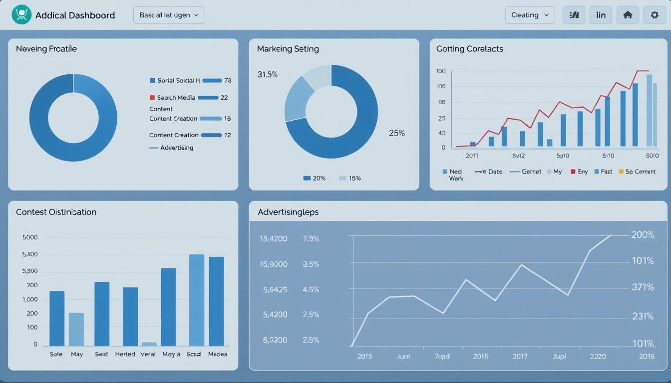 A top-down view of a financial dashboard with multiple pie charts, bar graphs, and line charts visualizing the allocation of a company's marketing budget across different channels such as social media, search engine optimization, content creation, and advertising. The charts are displayed on a modern, minimalist user interface with clean typography and a muted color palette of blues, grays, and whites. The overall scene conveys an analytical, data-driven, and strategic approach to resource distribution for effective digital marketing.