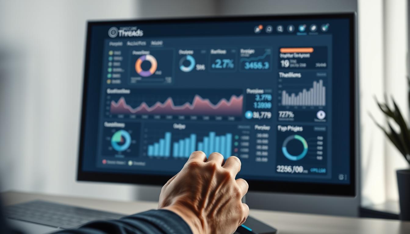 A sleek, minimalist data analytics dashboard displayed on a high-resolution monitor. The screen shows a clean, intuitive interface with various charts, graphs, and metrics tracking the performance of a Threads social media account. The dashboard is bathed in a cool, bluish-gray color scheme, creating a sense of professionalism and precision. In the foreground, a hand grasps a modern, wireless mouse, interacting with the interface. The background is blurred, placing the focus on the data visualization. Soft, directional lighting from the side casts subtle shadows, adding depth and dimension to the scene. The overall atmosphere conveys a sense of efficiency, control, and data-driven decision-making.