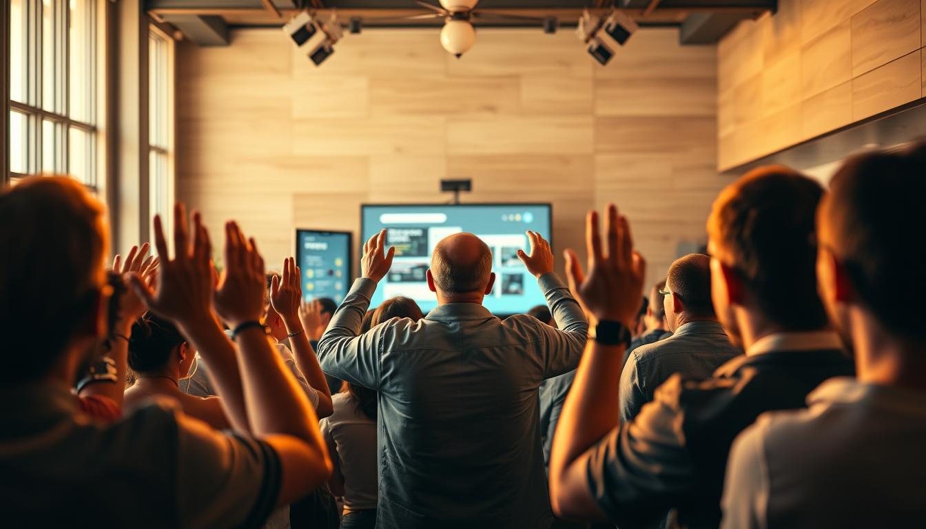 A vibrant and dynamic live Q&A session with an engaged audience, set against a warm and inviting backdrop. The foreground features a central host gesturing animatedly, surrounded by a sea of raised hands and eager faces, all bathed in a soft, golden light. In the middle ground, a modern presentation screen displays interactive content, encouraging participation. The background subtly blends modern architectural elements with natural textures, creating a sense of energy and approachability. Subtle camera angles and a shallow depth of field draw the viewer's focus to the active, collaborative atmosphere.