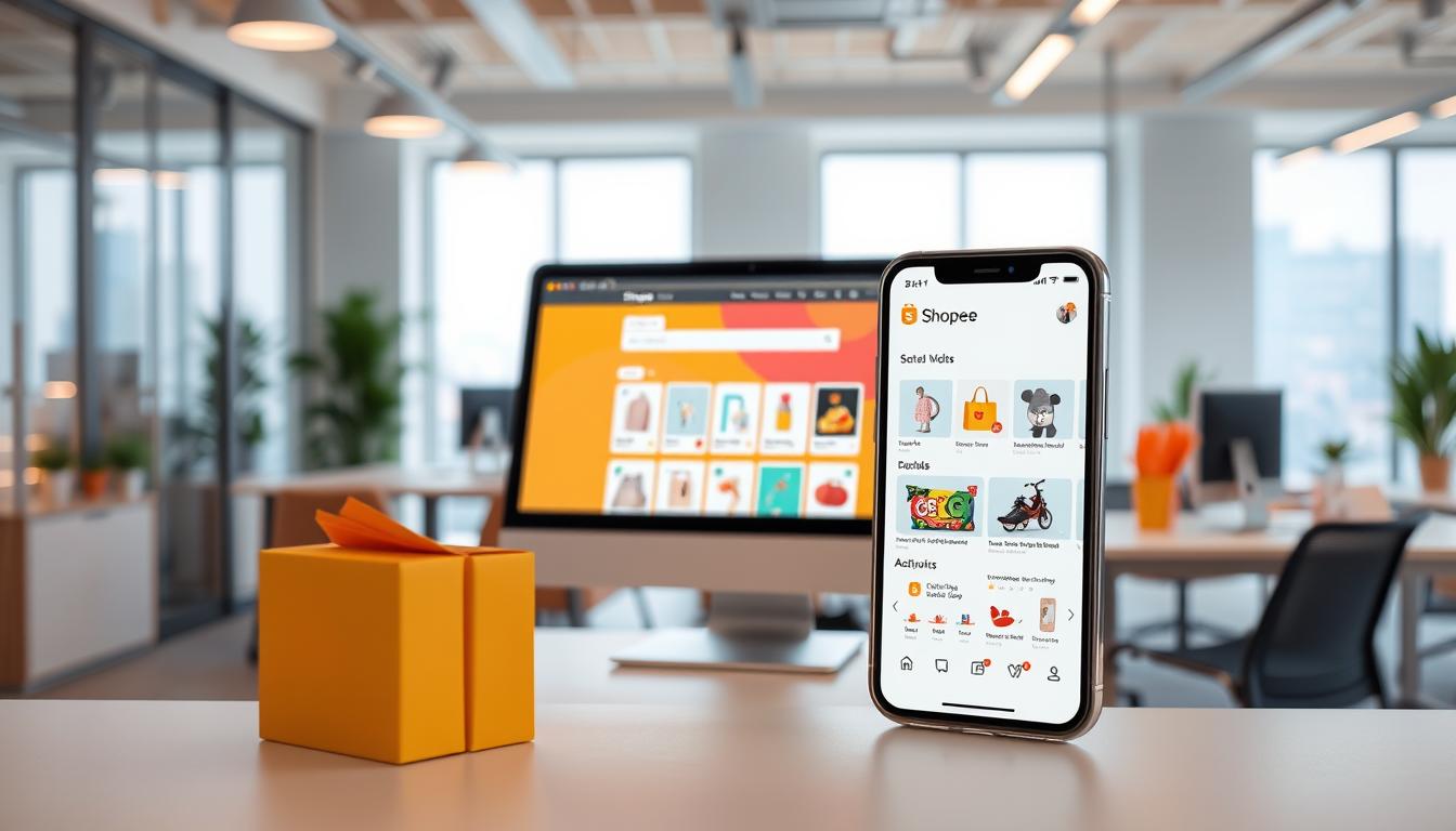 A professional, clean, and visually appealing illustration of the Shopee e-commerce platform. Set in a well-lit, modern office environment, the image should depict the Shopee website and mobile app interface, showcasing key features such as the homepage, search bar, product listings, and user account. The overall composition should convey a sense of simplicity, functionality, and user-friendliness, highlighting Shopee's role as a convenient online shopping destination. The scene should be captured from a frontal angle, with a depth of field that keeps the foreground in focus while subtly blurring the background. The color palette should be vibrant yet minimalist, with a balance of warm and cool tones to create a professional and inviting atmosphere.