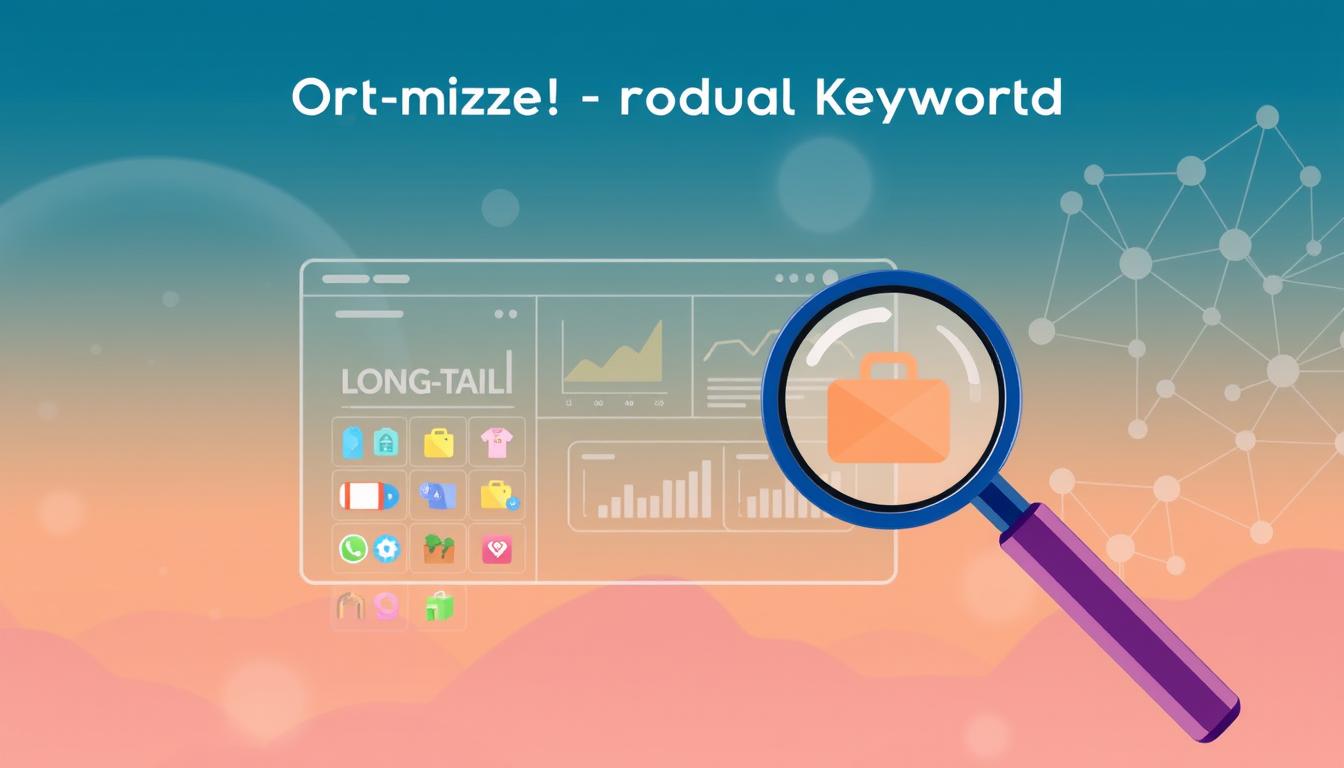 A vibrant digital illustration depicting the optimization of long-tail product keywords. In the foreground, a stylized magnifying glass hovers over a grid of colorful product icons, representing the process of analyzing and refining search terms. The middle ground features a sleek, minimalist interface with data visualizations and analytical tools, showcasing the metrics and insights gained from this optimization. The background blends a soft, gradient-filled sky with a subtle pattern of interconnected nodes, symbolizing the network of online commerce and the flow of information. The overall mood is one of precision, clarity, and the power of data-driven decision-making in e-commerce.