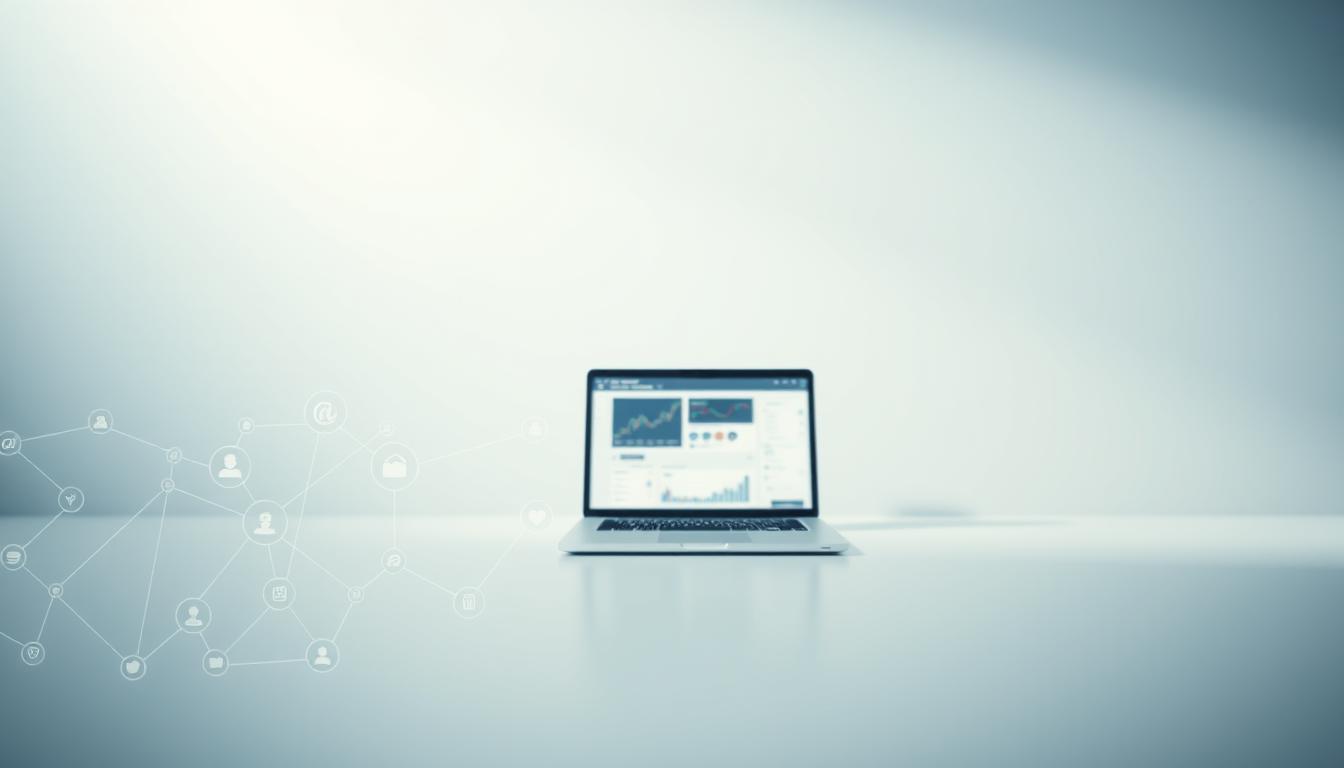 A serene and minimalist website interface, with a clean and elegant design. In the foreground, a series of interconnected icons and graphical elements representing the seamless integration of a website and social media platforms. The middle ground features a laptop display showcasing a dashboard or analytics interface, subtly emphasizing the technical aspects of website-social media integration. The background has a subtle gradient or texture, creating a sense of depth and professionalism. The lighting is soft and diffused, casting gentle shadows and highlighting the sleek, modern aesthetic. The overall mood is one of efficiency, connectivity, and technological sophistication.
